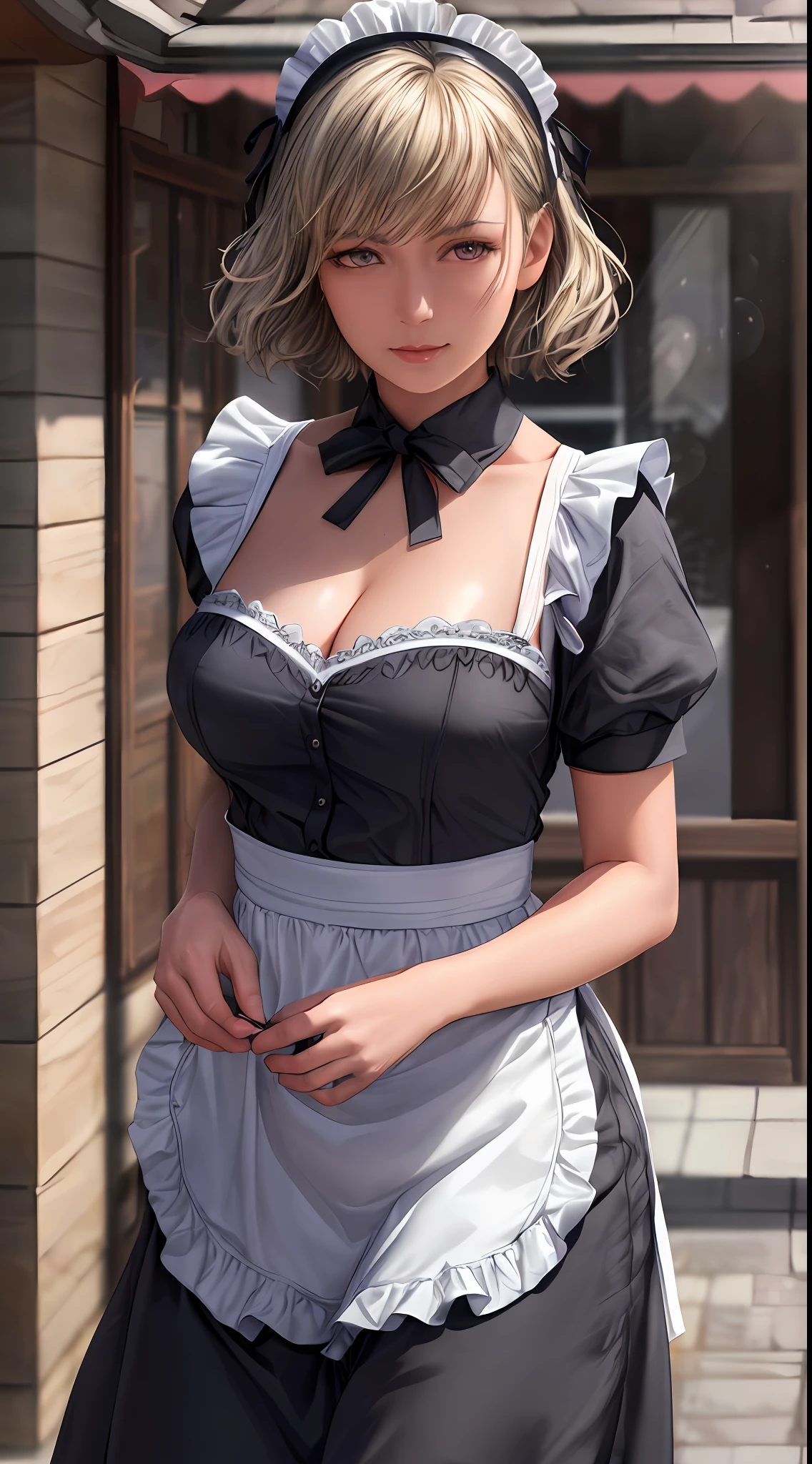 ((((masterpiece, best quality, high resolution)))), Extremely detailed 8K, Beautiful girl body, (Ultra HD, Ultra-detailed, Highly detailed, Highly realistic, Ultra-realistic, photograph realistic), (1girl:1.5), (Realistic white hair), short wavy hair, bob cut, (dynamic poses), facing at camera, purple eyes, average breasts, cleavage, blush, light smile, glow, (beautiful detailed face, beautiful detailed eyes), (maid outfit, maid apron, maid headband), (sunbeam, sunlight, rose, wind, coffee shop),