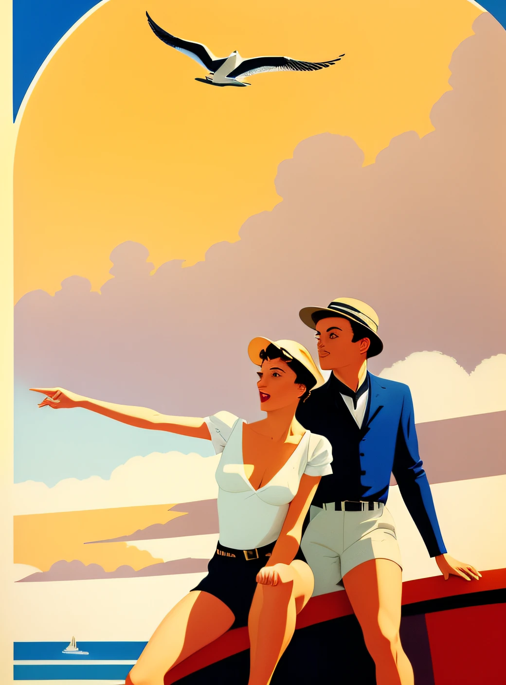 There is a poster of a couple on a boat with seagulls flying overhead., cartaz de viagem, Nelson Kenton, Directed by: Pruett Carter, angus mcbride, Laurent Durieux, Otto Schmidt, Directed by: Herbert Bayer, funil ed, Directed by: Emiliano Ponzi, inspirado em Robert Ballagh, Directed by: Robert Ballagh, Cartaz Art Deco, Joe Webb, retro poster