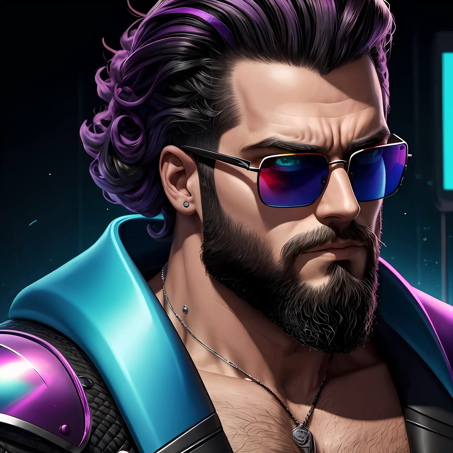 Edlintramos with beard and sunglasses, arte cyberpunk, arte funk, cores gradientes deslumbrantes, retrato estilizado h 704, pompadour, streamer twitch, cores frias. insanamente detalhado, t-800, sem assinatura de marca d&#39;water, em cores ricas, ultrapassado --auto
