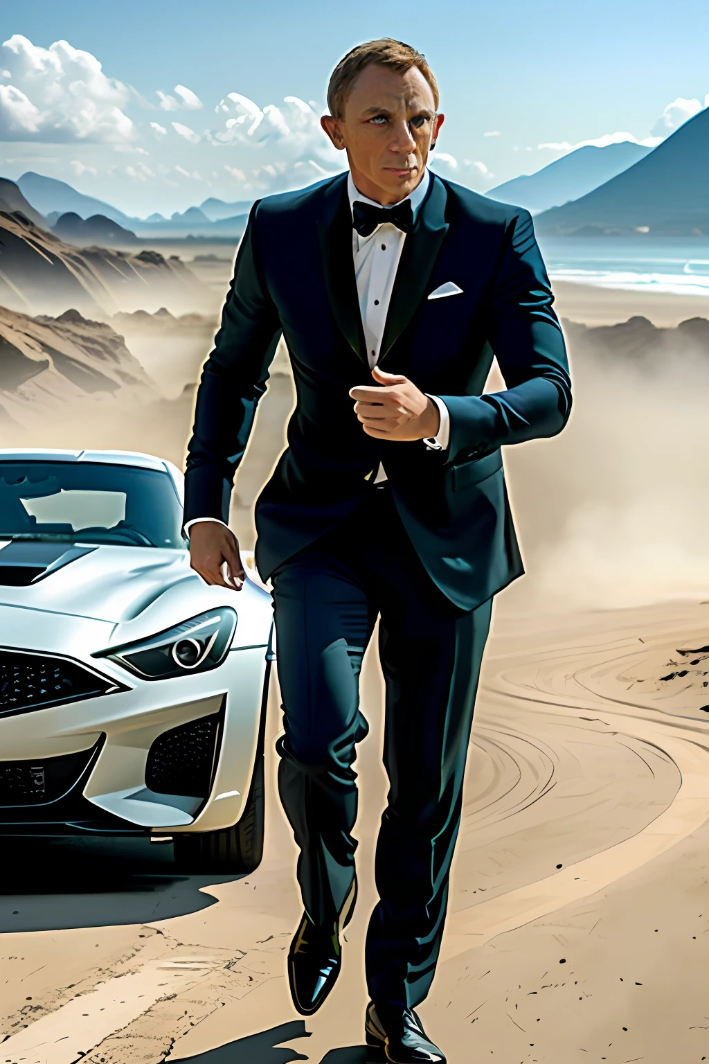 (((James Bond))) In an action scene, Montanhas, carro colecionador. Ultra HD |, Realistic, vivid colors, altamente detalhado, Desenho UHD, caneta e tinta, perfect composition, corpo inteiro, Beautful, detalhada, intrincada, Intricately detailed octane trend rendering on Artstation, Fotografia de arte 8K, arte conceitual fotorrealista, natural volumetric kinematics perfect soft light