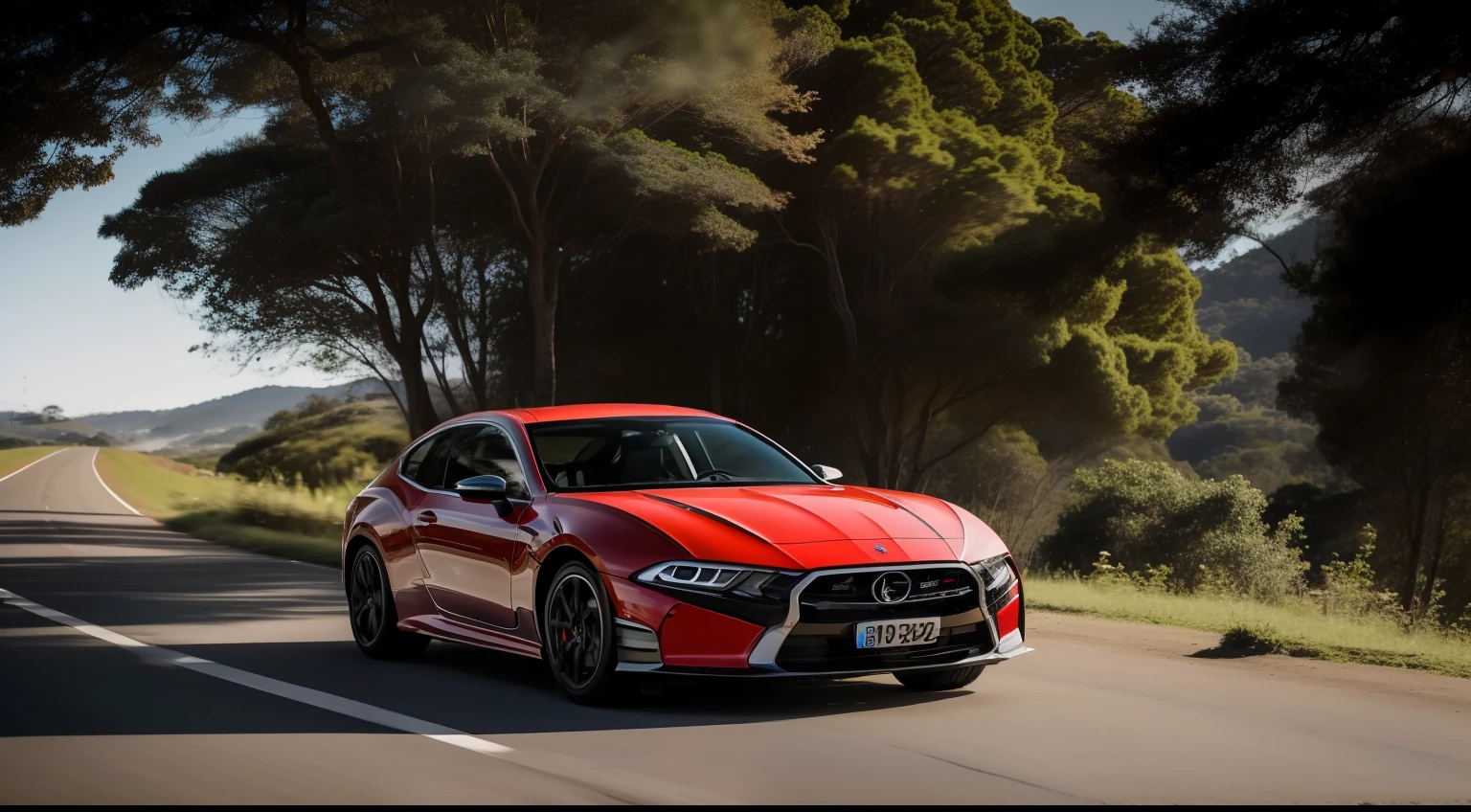 crie uma imagem de um homem dirigindo um carro esportivo vermelho em uma estrada com uma linda paisagem