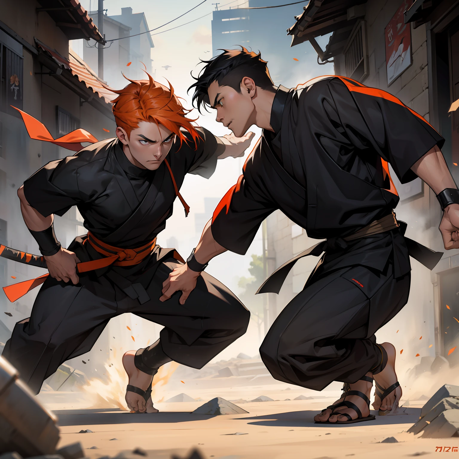 Battle scene between two 15-year-old ninjas with orange hair and the other black hair