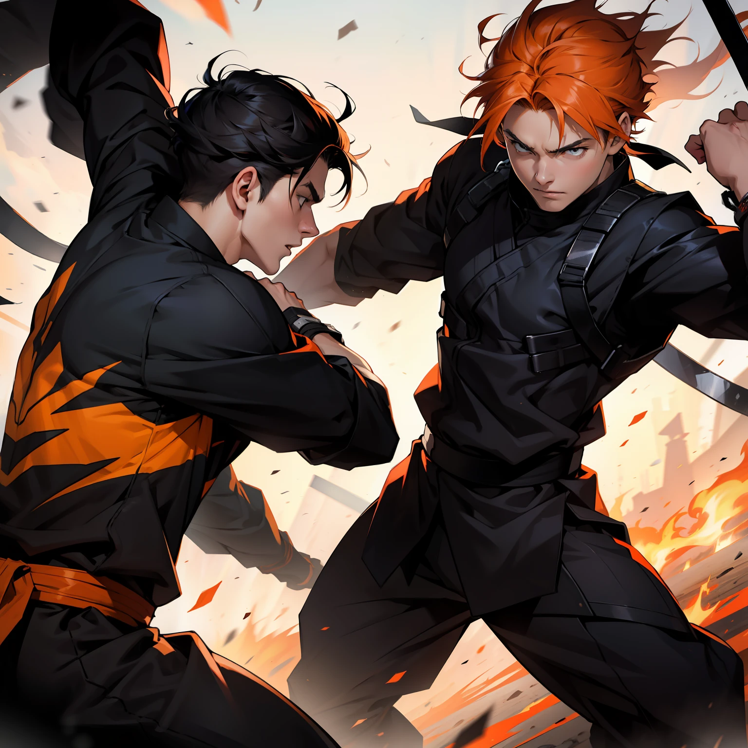 Battle scene between two 15-year-old ninjas with orange hair and the other black hair