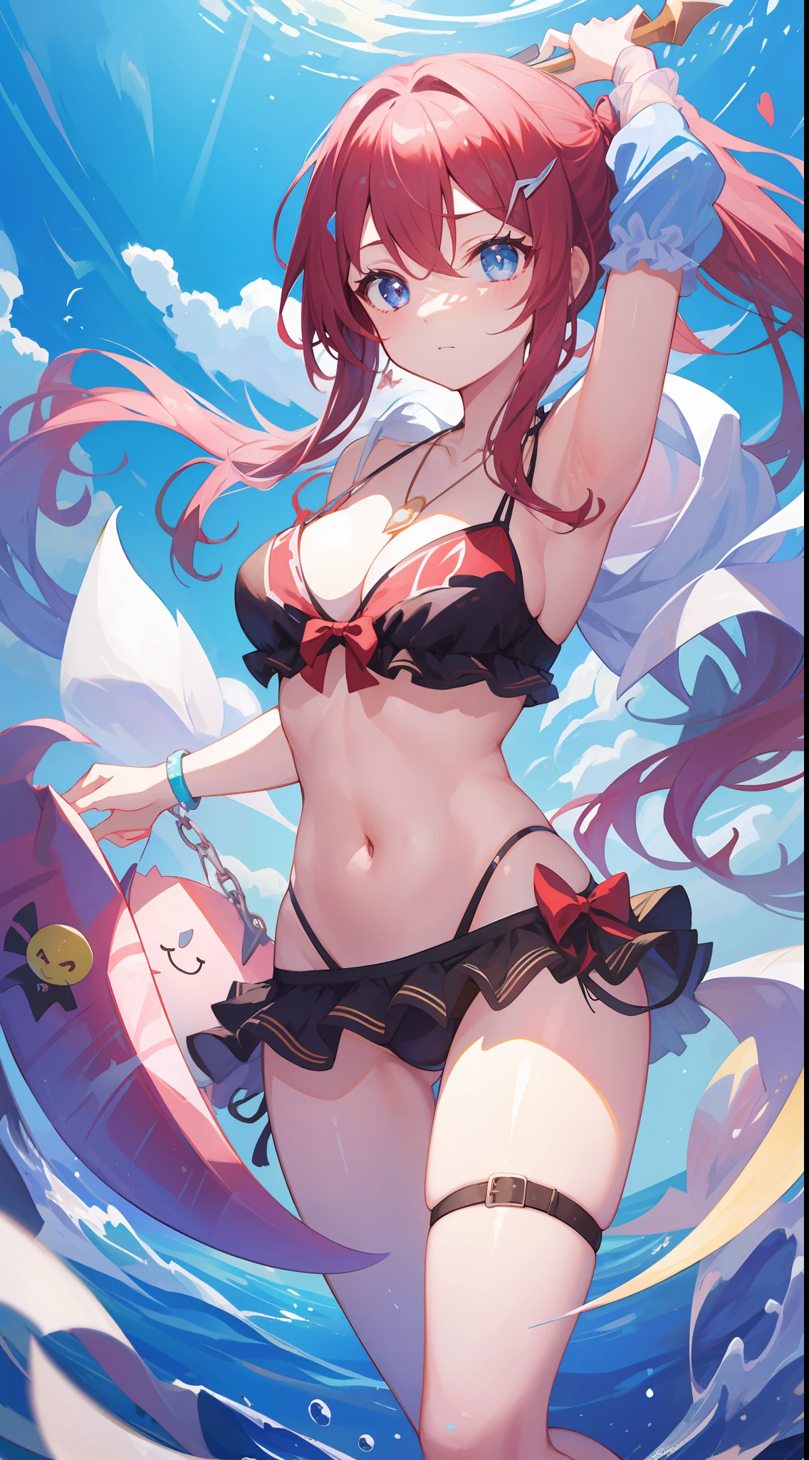 A masterpiece drawn with transcendent technology、1girl in、The bikini、Big sickle、a necklace,all-fours、Kamimei、Staring at me、Cute anime illustration、