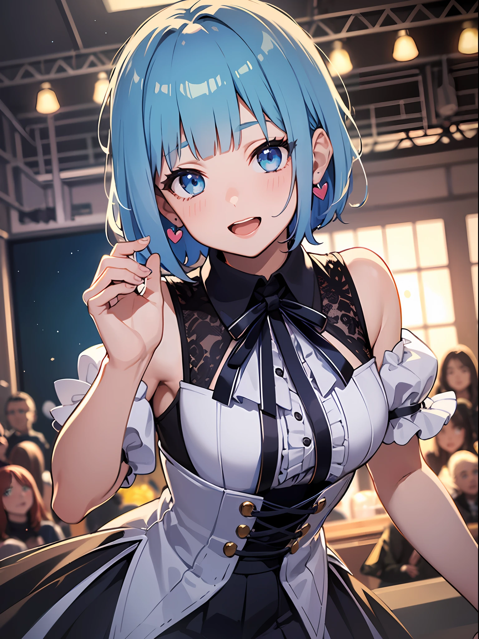 (masterpiece:1.3), (best quality:1.3), high resolution,
couboy shot,
leaning forward, body facing forward, have a microphone, lookinng at viewer,
(one cute girl:1.3), solo,
white skin, small Breast, eight-headed person,
light blue hair, (bobbed hair:1.2), (short hair:1.1), (blunt bangs:1.2), beautiful hair, blue eyes, beautiful detailed eyes,
open mouth, heart, cheerful smile,
blue check skirt, Idol costumes, miniskirt, earrings,
indoors, stage,
shadowlighting,
