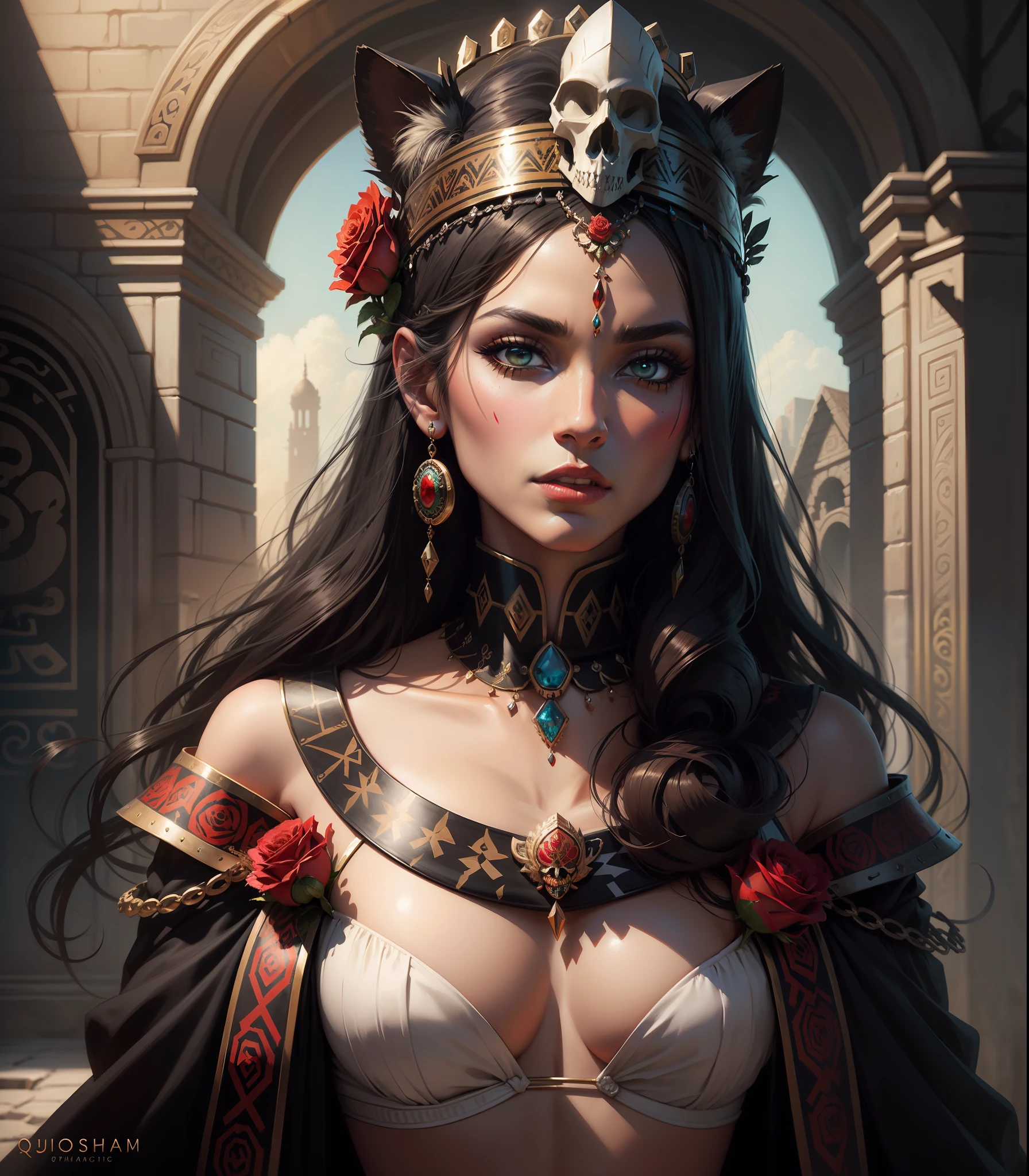 aztec art, Queen, skulls, jaguar, colorful headdress, roses, beautiful digital art, exquisite digital illustration, beautiful fantasy art portrait, stunning digital painting, beautiful digital painting, colorfull digital fantasy art