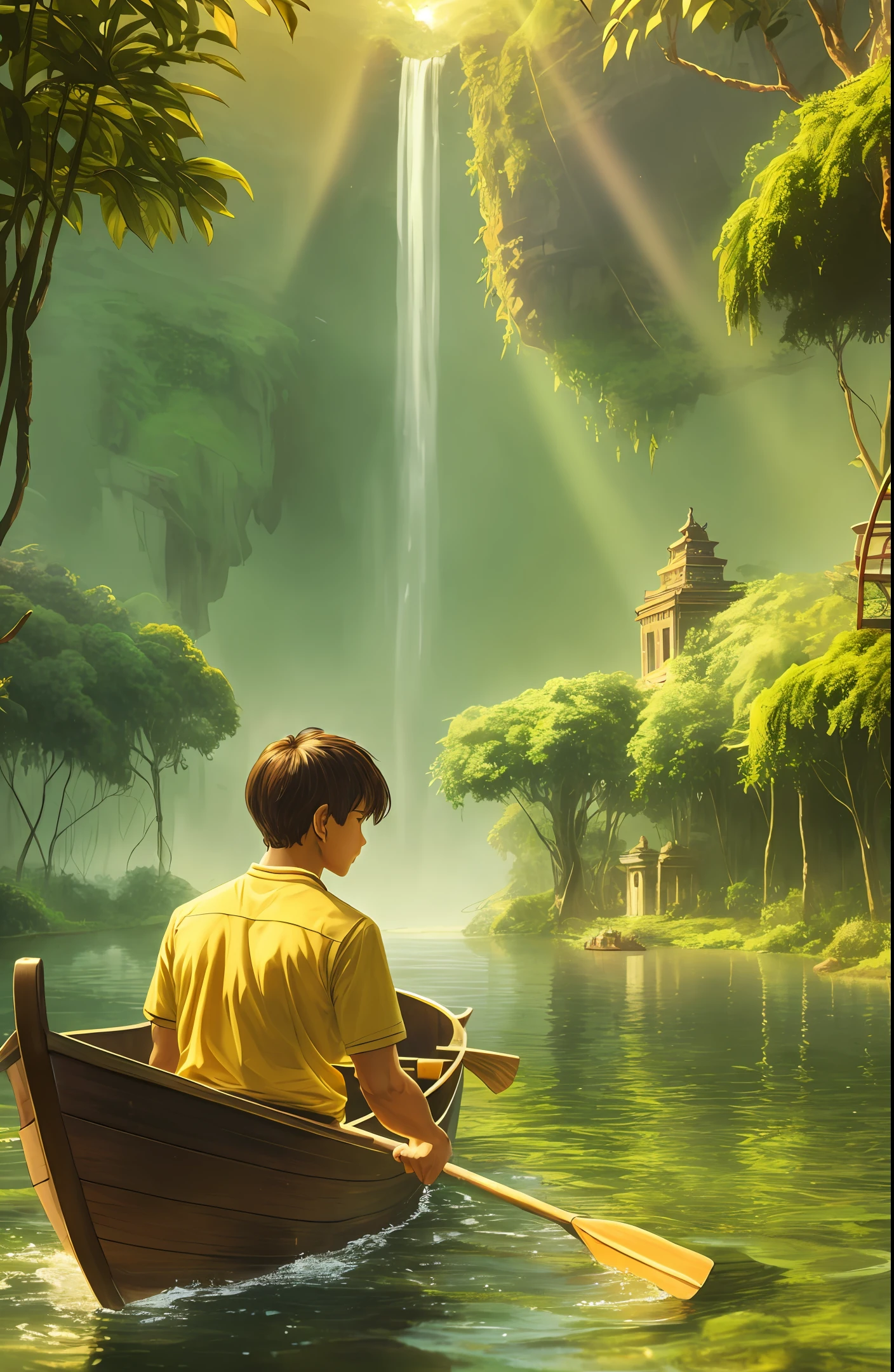 One beautiful boy rowing the boat in golden water found  The lost city of gold in golden jungle realstic , clearity 4k, nostalgic, masterpiece, old time building's & artifacts made of gold,beautiful scenery --auto --s2