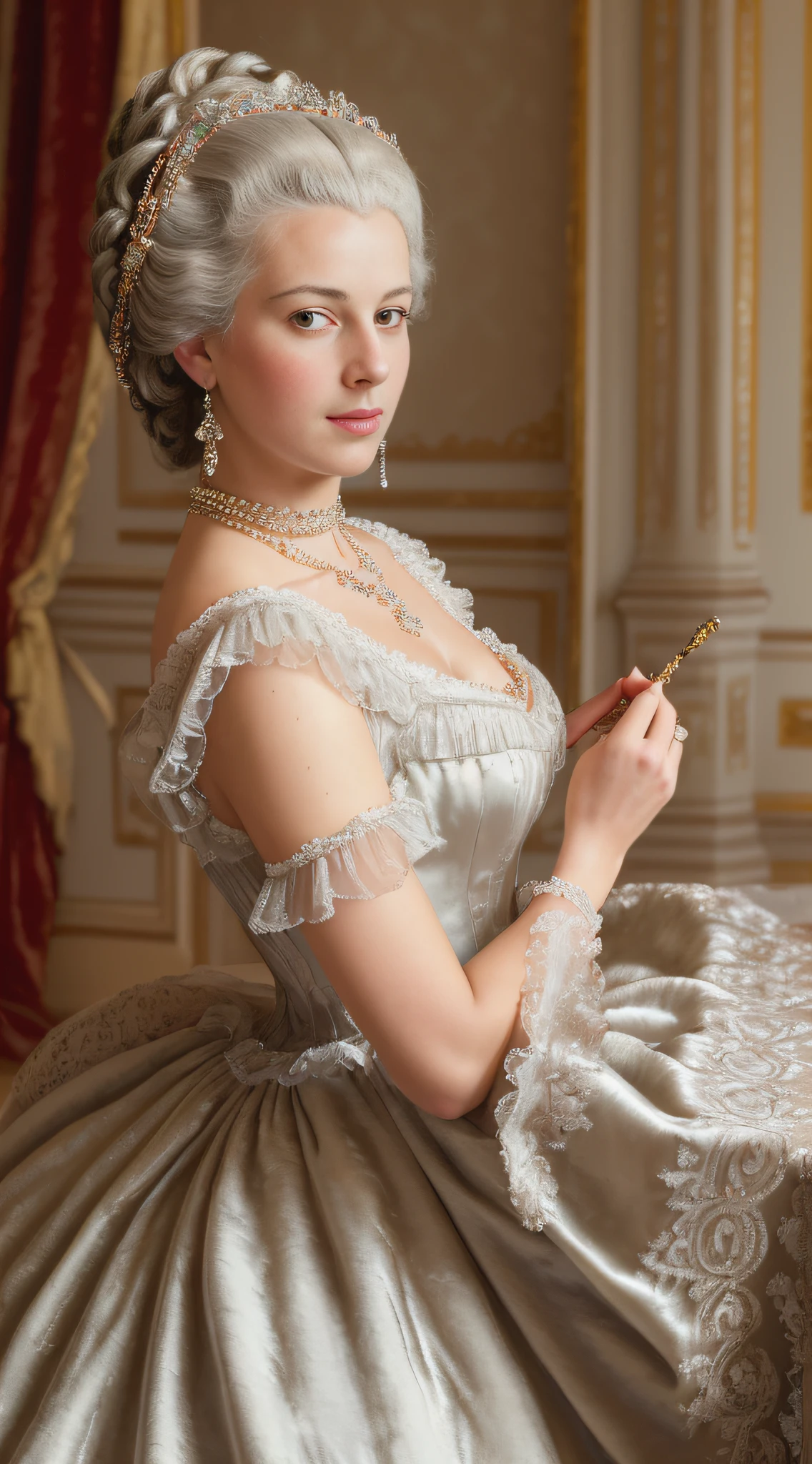 (masterpiece, high resolution, photo-realistic:1.4), Queen Marie Antoinette, (elegant, unconcerned demeanor:1.2), lavish silk gown, intricate lace collar, pearl necklace, powdered wig, eating cake, decadently iced, ornate silverware, royal dining hall, gilded chandeliers, plush velvet drapes, warm candlelight, vibrant colors, full view, looking at viewer.