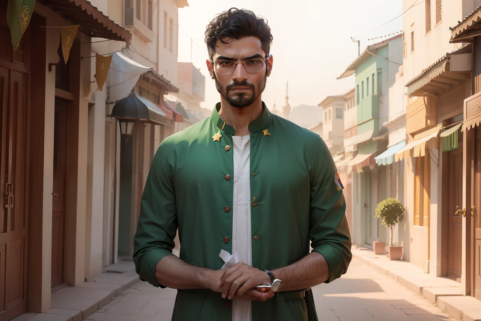 Picture a heartwarming scene of a man standing tall and proud, holding the Pakistani flag in his hand. He is dressed in a traditional Pakistani outfit, embodying the essence of "Jash e Azadi." The backdrop is a picturesque street adorned with vibrant decorations, representing the festive spirit of independence. Behind the man stands a magnificent and gleaming luxury car, symbolizing progress and prosperity. This captivating setting captures the pride and unity as we celebrate our nation's independence. 🇵🇰🚗