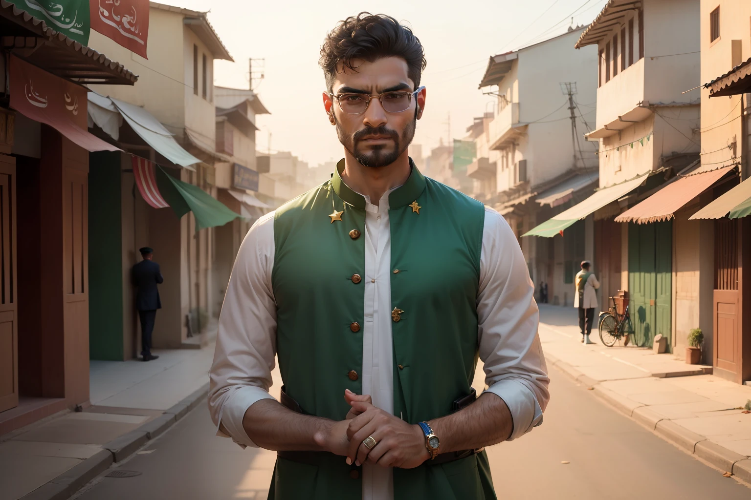 Picture a heartwarming scene of a man standing tall and proud, holding the Pakistani flag in his hand. He is dressed in a traditional Pakistani outfit, embodying the essence of "Jash e Azadi." The backdrop is a picturesque street adorned with vibrant decorations, representing the festive spirit of independence. Behind the man stands a magnificent and gleaming luxury car, symbolizing progress and prosperity. This captivating setting captures the pride and unity as we celebrate our nation's independence. 🇵🇰🚗