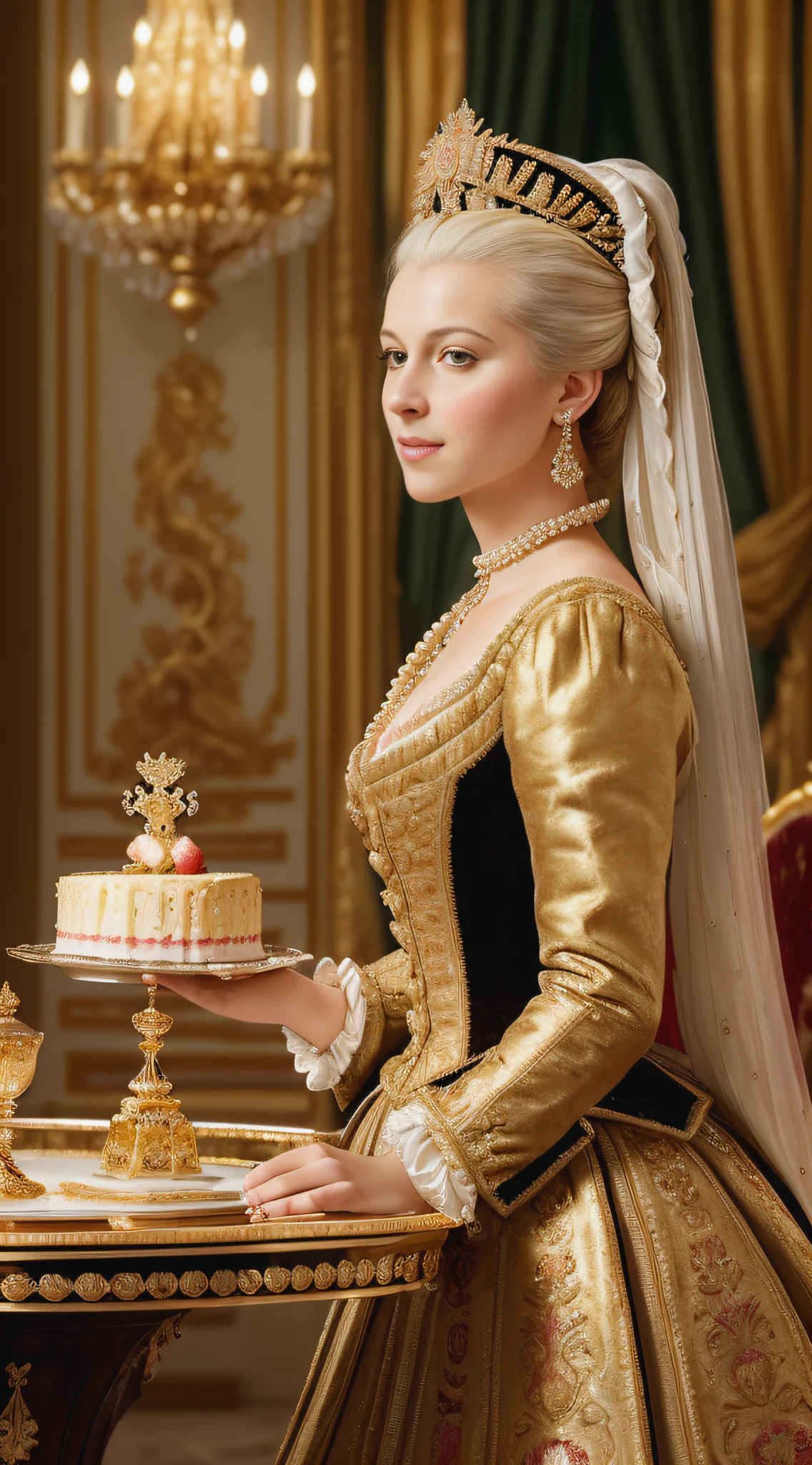 (masterpiece, UHD, photo-realistic:1.3), Marie Antoinette, (luxurious attire, powdered hair:1.2), enjoying a slice of cake, embellished with fruits, golden dinnerware, grand banquet hall, paintings of royalty, flickering candlelight, regal atmosphere, warm tones, side view, looking away.
