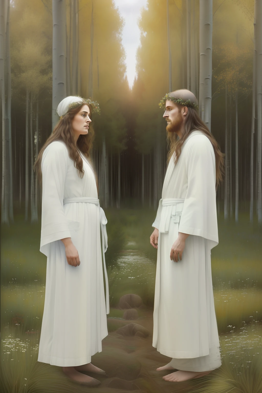 Autumn Trembling Poplar Forest. (((Pre-Raphaelite Celtic painting of two druids in white robes in a forest of quivering poplars, floresta, tons suaves, paisagem celta irlanda)))
