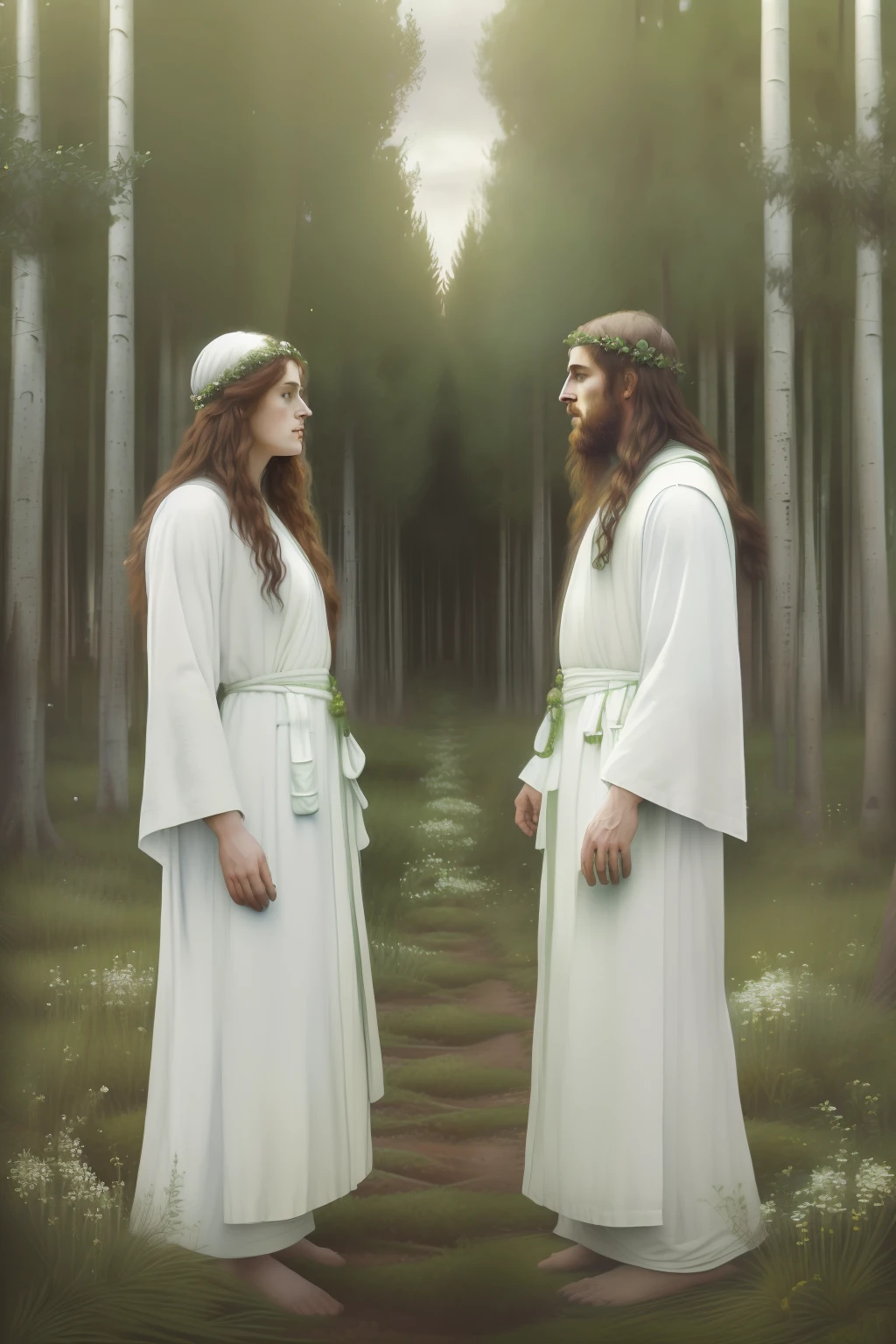(((Pre-Raphaelite Celtic painting of two druids in white robes, Hand in hand, in a forest of quivering poplars, floresta, tons suaves, paisagem celta irlanda)))