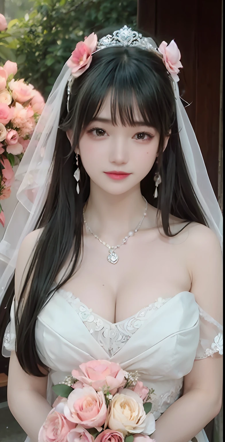 Beautiful bride,Head flower,headdress,(Bandeau wedding dress:1.5),(Silk dress:1.4),dress,necklace,earring,huge tit,Neck ornaments,Deep V peach heart collar wedding dress,Liuhai,Bouquet,mitts,Bridal veil,(Forehead ornaments:1.3),Transparent veil,Bust photo,(Strapless wedding dress:1.5),lipstick,High detail RAW color art,Outdoors,Pink blush,A park