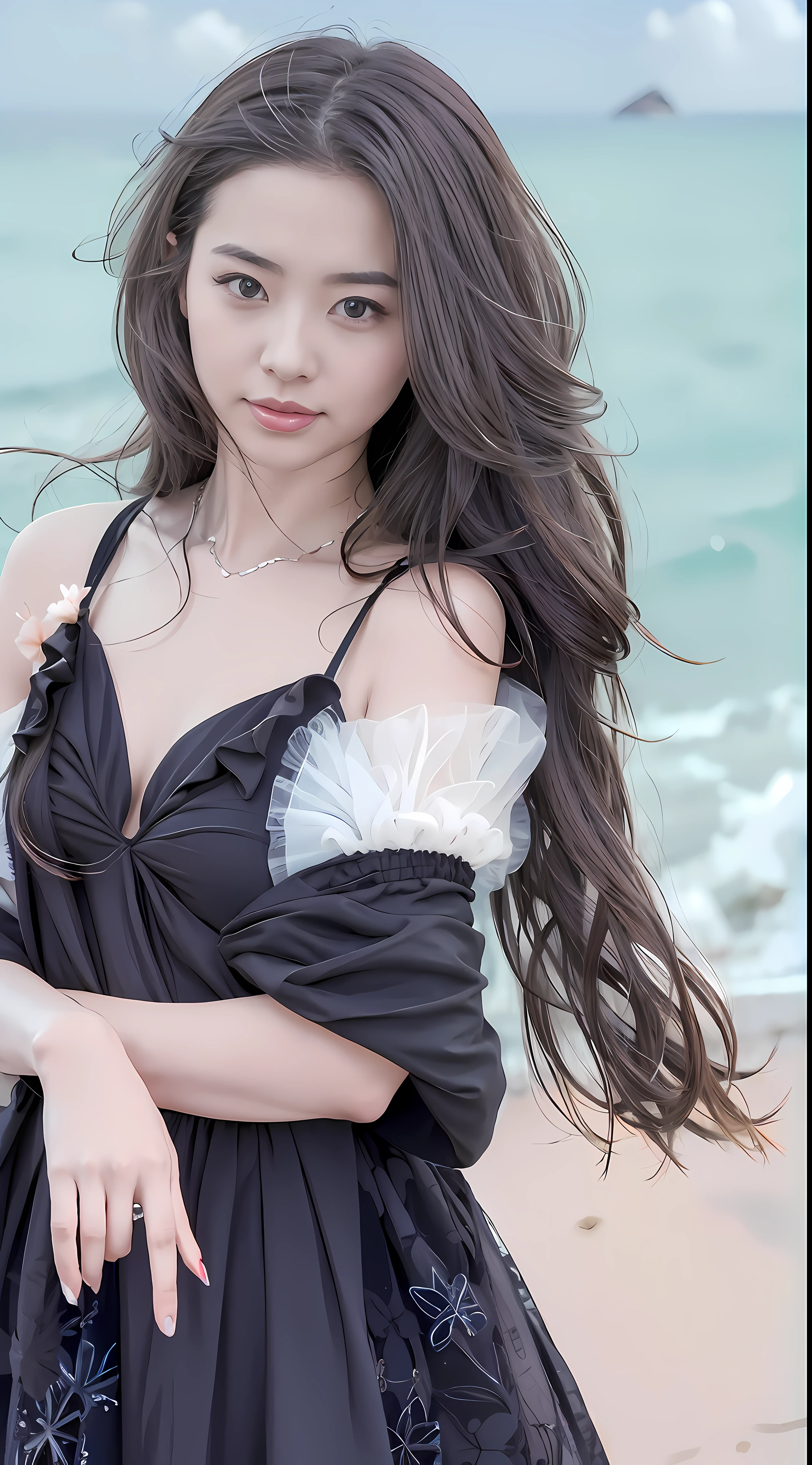Black dress woman，Sea beach background，the ocean，Fairy style，Hot sun，aesthetic image。