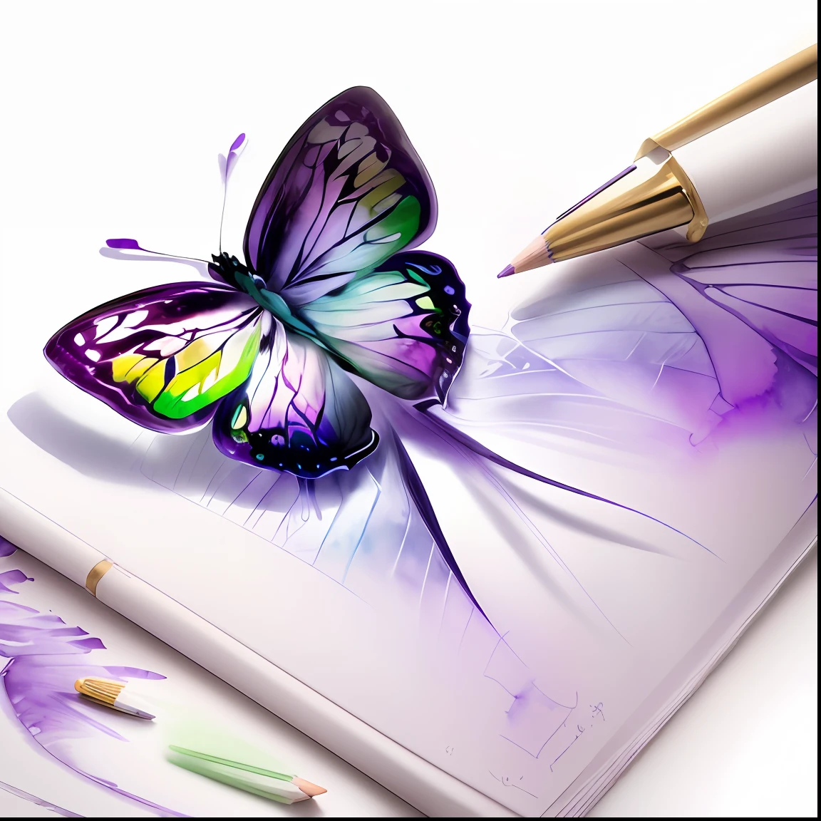 There is a purple and green butterfly, realistic illustration, Designer pencil sketch watercolor, Arte digital alucinante, bela arte digital, bela arte digital, arte digital muito bonita, ultra realistic illustration, beautiful artwork, ultrarealistic illustration, arte realista, artistic drawing, obras de arte impressionantes, fabulous illustrations, Epic watercolor illustrations, hyperrealistic illustration