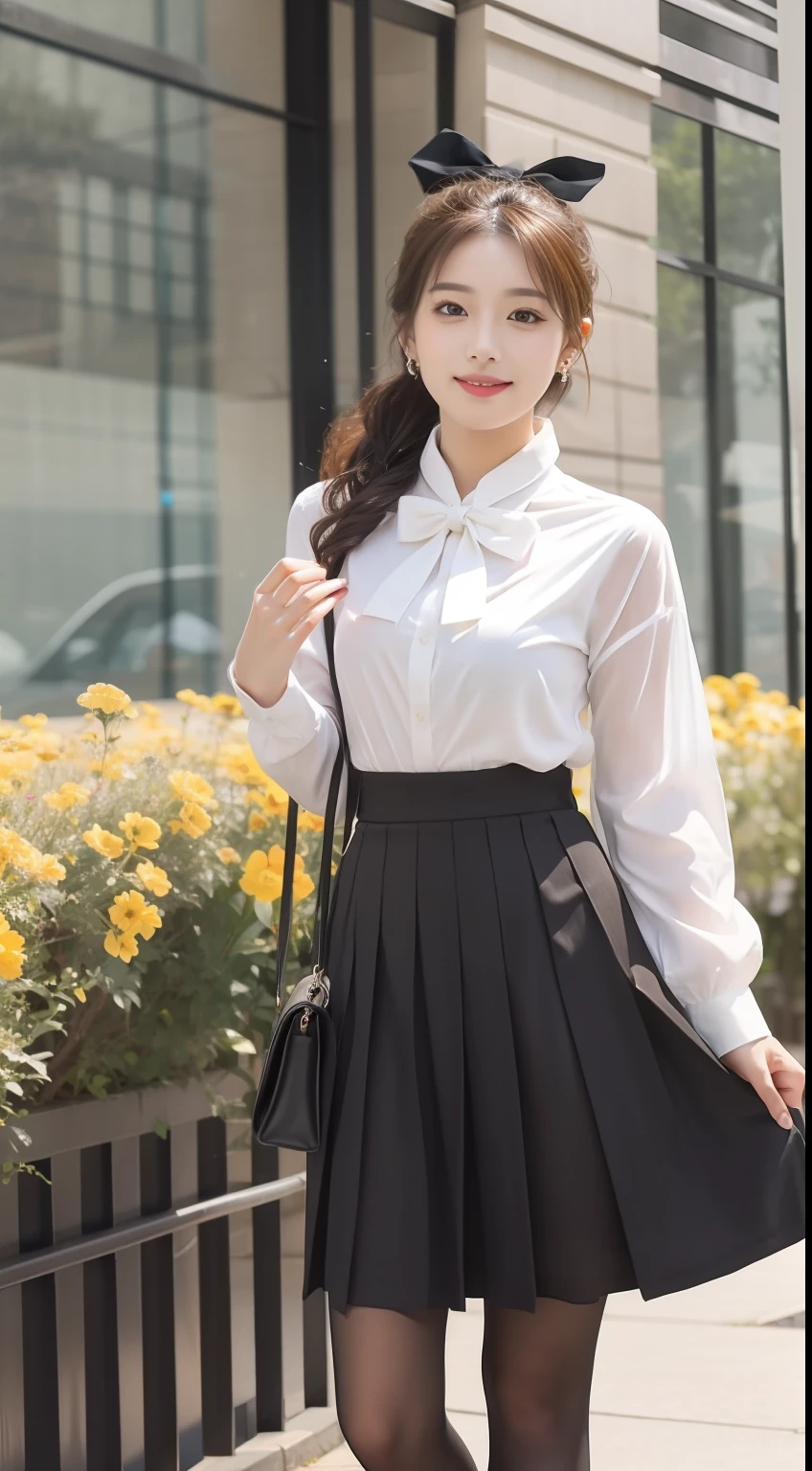 （One student 1.5），（true to life，Photorealistic 1.5）,((best qualtiy, 8K, tmasterpiece:1.3)),SLR camera (二重まぶた，largeeyes:1.3),（smile1.5），（Full body photo 1.5）（One person 1.5）Clear focus 1.2, Perfect body beauty:1.4 , Delicate skin1.1，（Brown ponytail 1.6），（Wavy curls 1.4），（Pure desire 1.3）(Black pantyhose 1.5)（The leg length is one meter two，1.5），White shirt，Bow knot，Pleated skirt legs slim，high-heels，With earrings，bangle，Meadows full of flowers