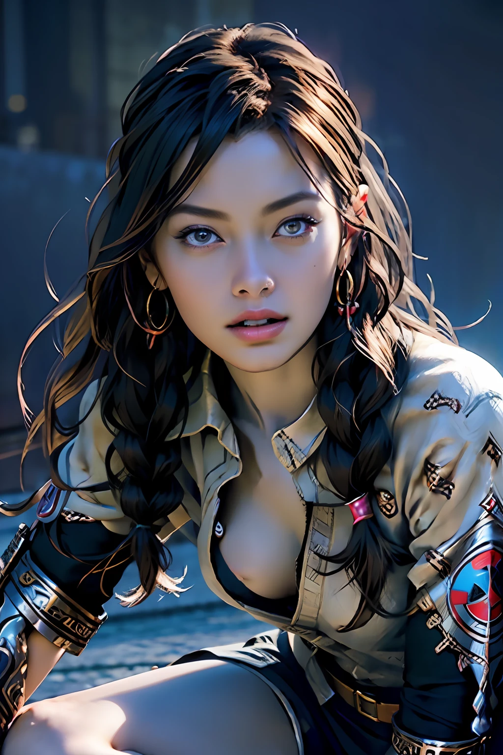 Ultra-detailed complex 3D rendering of face, (Colossal: 8.8), (masterpiece, top quality, octane rendering, 8K), glamour shot full body image, very beautiful young elf, cleavage, (very detailed skin: 1.2), (exposure: 1.1), brown-haired, ((wearing a plummeted open shirt of white silk: 1.10)), beautiful Caucasian woman with black skin with full soft breasts with big buttocks, Single, long braided hair, big breasts, dynamic angle, mystical expression, ultra-realistic photo, (((portrait)))), bare feet, futuristic urban background, facial muscles, detailed and beautiful queen gold crown, in the style of Marvel Comics, ArtStation trends, clear focus, studio photography, intricate details, very detailed, detailed red eyes, very detailed, Sharp Focus, Digital Rendering, Professional, Abs, Dark Grey Background,