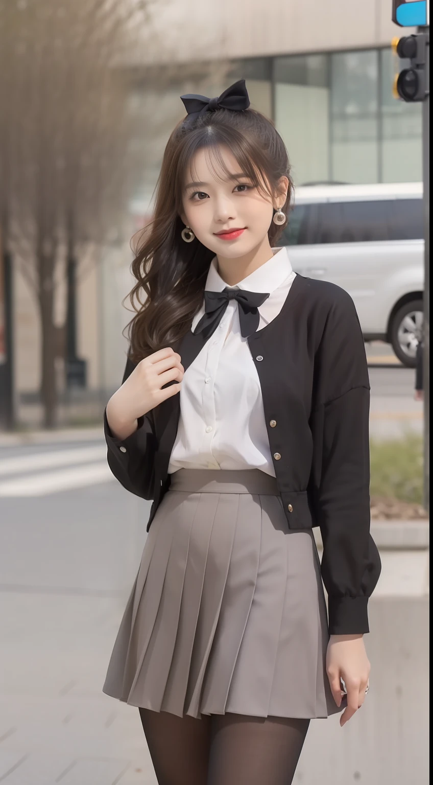 (One student 1.5),(true to life,Photorealistic 1.5),((best qualtiy, 8K, tmasterpiece:1.3)),SLR camera (二重まぶた,largeeyes:1.3),(smile1.5),(Full body photo 1.5)(One person 1.5)Clear focus 1.2, Perfect body beauty:1.4 , Delicate skin1.1,(Brown ponytail 1.6),(Wavy curls 1.4),(Pure desire 1.3)(Black pantyhose 1.5)(The leg length is one meter two,1.5),White shirt,Bow knot,Pleated skirt legs slim,high-heels,With earrings,bangle,Meadows full of flowers