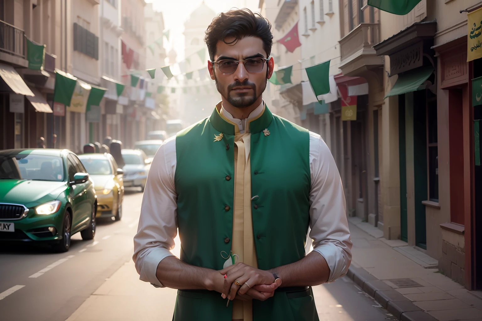 Imagine a captivating scene in a UK street adorned with Pakistani flags and decorations, celebrating Pakistan's Independence Day. A man stands proudly in the midst of the festivities, dressed in traditional Pakistani attire, carrying the flag of Pakistan in his hand. The vibrant colors and joyous atmosphere create an ambiance of unity and national pride. To add to the charm of the moment, a beautiful luxury car, representing progress and prosperity, stands behind him, reflecting the journey of Pakistan since its independence. This picturesque celebration captures the essence of patriotism and the shared cultural heritage of the Pakistani community in the UK. 🇵🇰🚗🎉