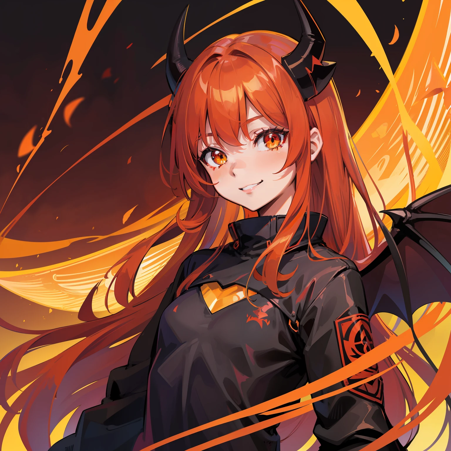 red hair, age girl, female, yellow or orange eyes, demon, Wings, Clothing, small chest, horns, black clothes, bright background, smile, quality, a girl