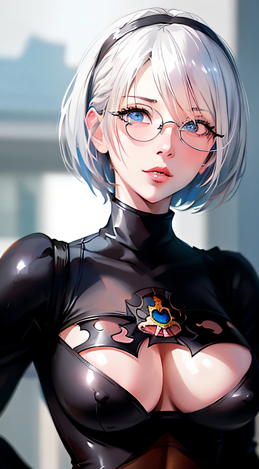 (Detailed face and eyes:1.3),
n_2b,White background,inky,Blue eyes，shorth hair，The upper part of the body，Big breasts，cleavage of the breast，Black-rimmed glasses，
ultra-detailliert,(hight resolution:1.1),Best Quality,(masutepiece:1.3),Cinematic lighting，