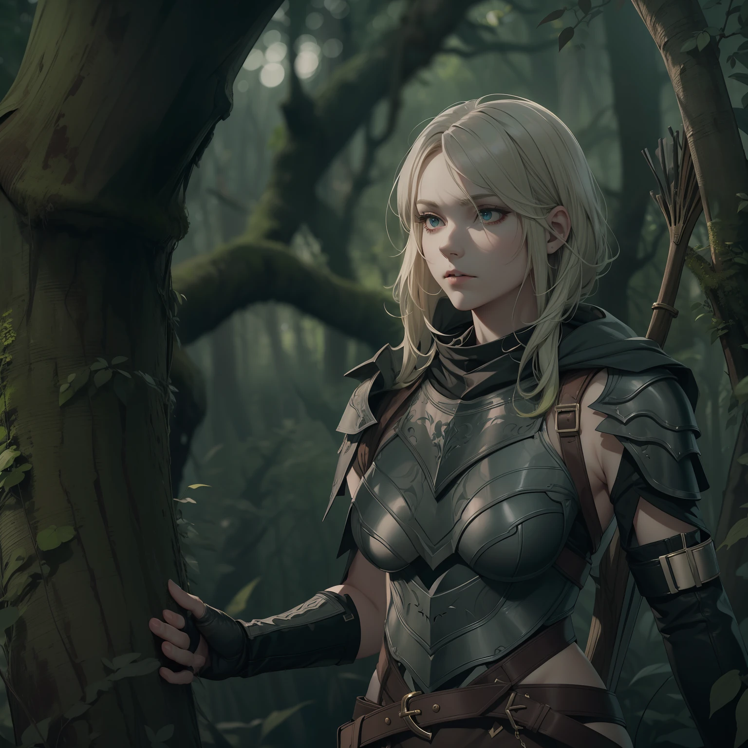 (high res, best quality, masterpiece), soft lighting, vivid colors, HD 4K, adult woman, (solo), reptilian woman, green scales on skin, short blonde hair, (scales on arms, scales on legs), has a tail hanging from her waist, red eyes, (highly detailed eyes), adventurous, in the forest, on a tree branch, tattoos on arms, pale skin, pale complexion, greyish skin, full body, slim body, fitted armor, wearing a breastplate, has on a hood, long pants, pants: Black, leather jacker, fingerless gloves, bow and arrow, hiding in the shadows