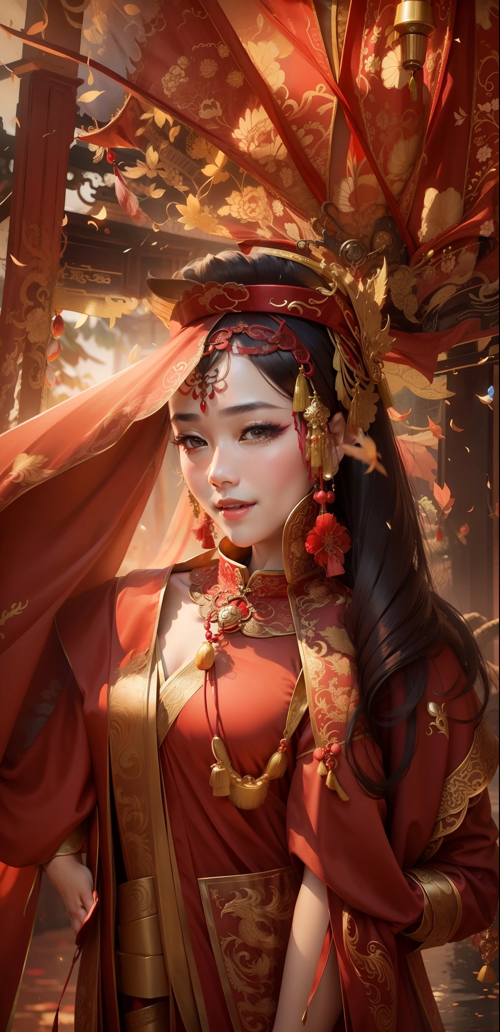 (8k, RAW Photo, Best Quality, Masterpiece: 1.2), (Realistic, Realistic: 1.37), 1 Girl, Woman in Red Dress and Headdress Posing for Photo, Gorgeous Role Play, Beautiful Costume, Chinese Dress, Complex Dress, Complex Costume, Traditional Beauty, Gorgeous Chinese Model, Chinese Costume, Wearing Gorgeous Costume, Wearing Elegant Chinese Xiuhe Dress, Chinese Wedding Dress, Phoenix Crown Xia Hanging, Antique Bride, Xiuhe Costume, Close Up, Wearing Phoenix Crown, Smile, No Watermark, Dragon and phoenix embroidered dress