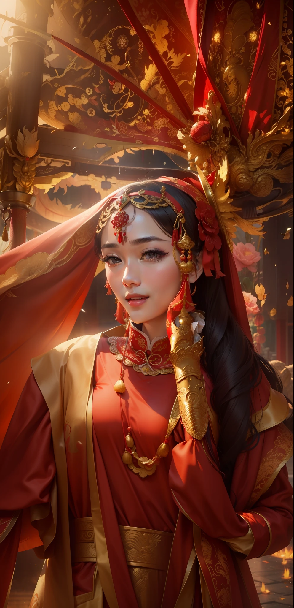 (8k, RAW Photo, Best Quality, Masterpiece: 1.2), (Realistic, Realistic: 1.37), 1 Girl, Woman in Red Dress and Headdress Posing for Photo, Gorgeous Role Play, Beautiful Costume, Chinese Dress, Complex Dress, Complex Costume, Traditional Beauty, Gorgeous Chinese Model, Chinese Costume, Wearing Gorgeous Costume, Wearing Elegant Chinese Xiuhe Dress, Chinese Wedding Dress, Phoenix Crown Xia Hanging, Antique Bride, Xiuhe Costume, Close Up, Wearing Phoenix Crown, Smile, No Watermark, Dragon and phoenix embroidered dress