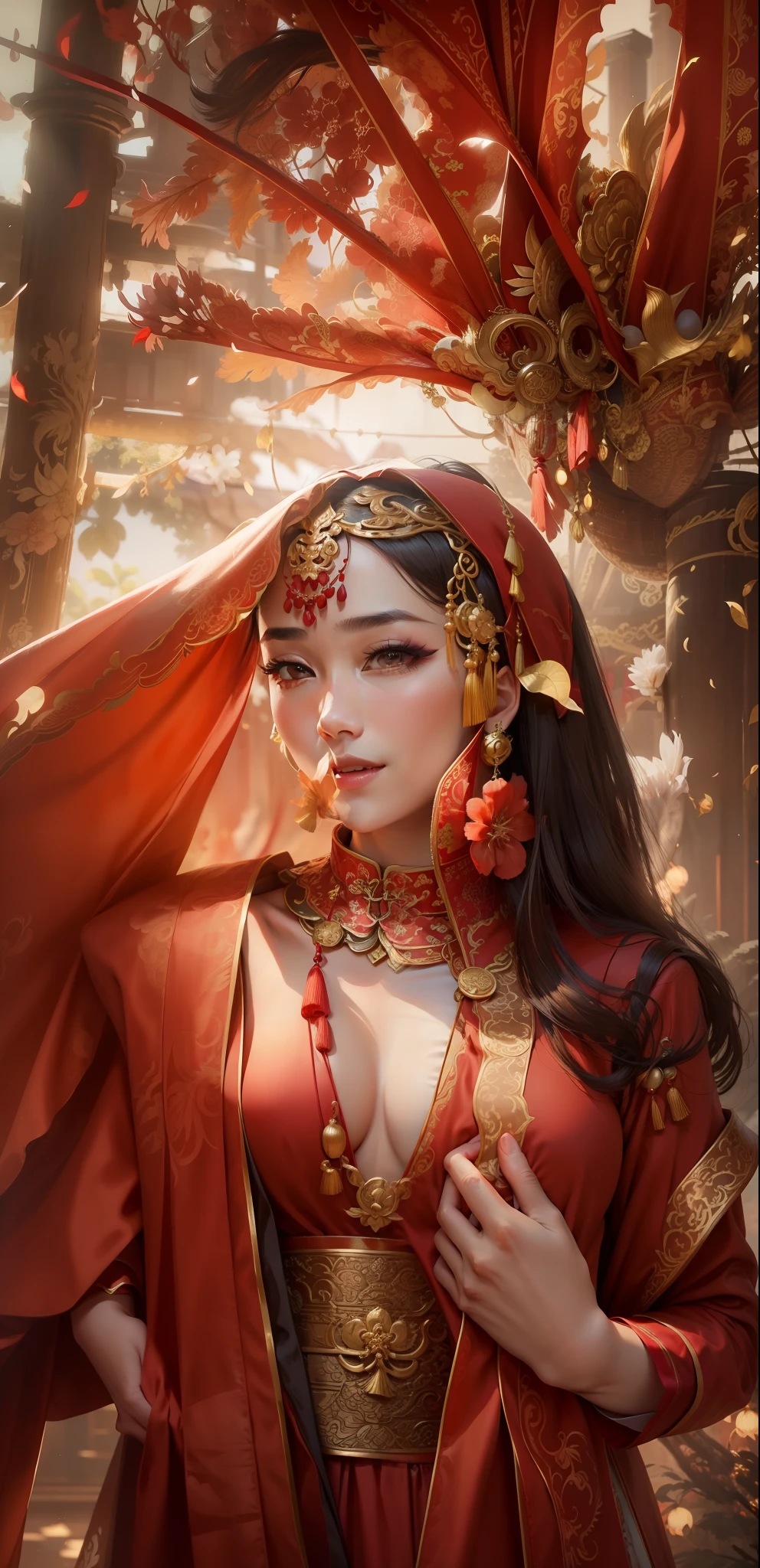 (8k, RAW Photo, Best Quality, Masterpiece: 1.2), (Realistic, Realistic: 1.37), 1 Girl, Woman in Red Dress and Headdress Posing for Photo, Gorgeous Role Play, Beautiful Costume, Chinese Dress, Complex Dress, Complex Costume, Traditional Beauty, Gorgeous Chinese Model, Chinese Costume, Wearing Gorgeous Costume, Wearing Elegant Chinese Xiuhe Dress, Chinese Wedding Dress, Phoenix Crown Xia Hanging, Antique Bride, Xiuhe Costume, Close Up, Wearing Phoenix Crown, Smile, No Watermark, Dragon and phoenix embroidered dress