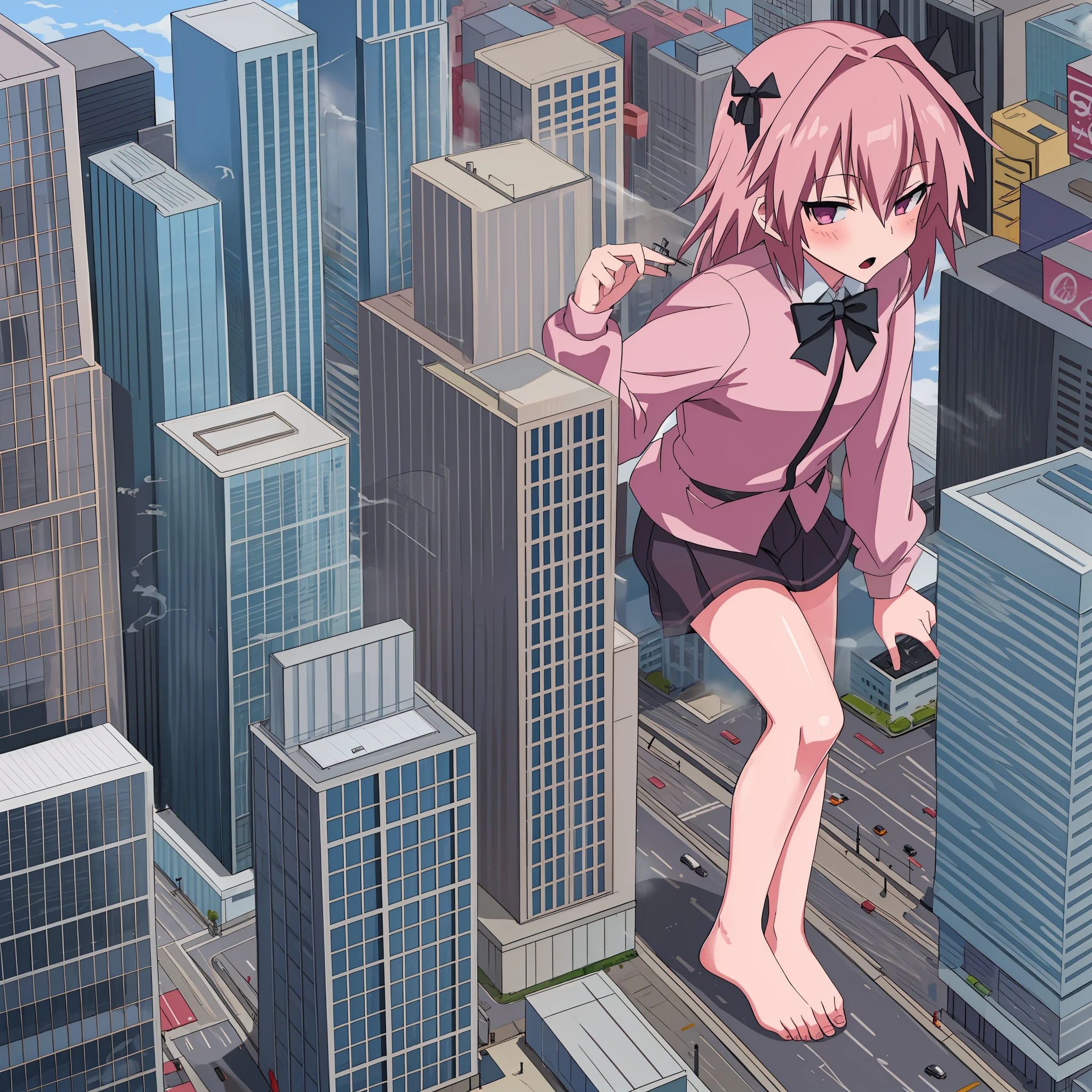 The city of GTS, Urban development, Smoke, High-quality clouds, tmasterpiece (One guy Astolfo)  bare feet. giant. The city. Passersby, people, crowd, cars