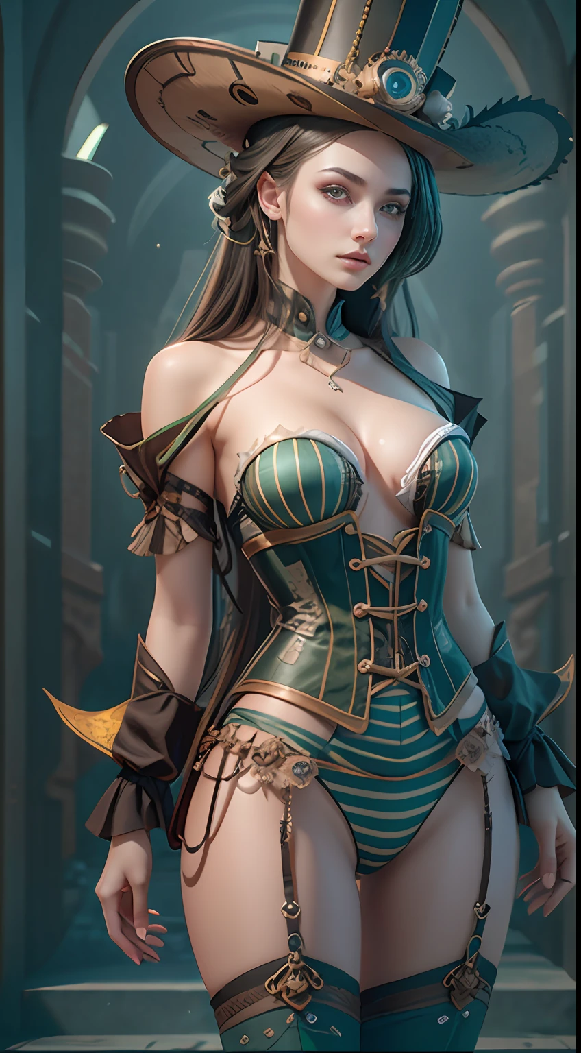 Best quality)), ((masterpiece)), (detailed:1.4), 3D, Beetlejuice woman cosplay wiltshire hill cemetery, steampunk corset, steampunk top hat, in the style of striped compositions, nightcore, green and black stripes stockings, meticulous, malicious gal , mars ravelo, eccentric props ,HDR (High Dynamic Range),Ray Tracing,NVIDIA RTX,Super-Resolution,Unreal 5,Subsurface scattering,PBR Texturing,Post-processing,Anisotropic Filtering,Depth-of-field,Maximum clarity and sharpness,Multi-layered textures,Albedo and Specular maps,Surface shading,Accurate simulation of light-material interaction,Perfect proportions,Octane Render,Two-tone lighting,Wide aperture,Low ISO,White balance,Rule of thirds,8K RAW,