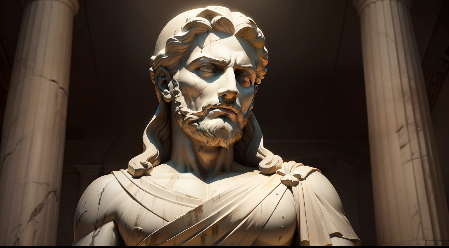 A photo of a stoic statue from ancient Greece in a dark place, realista, detalhado, papel de parede 4k,