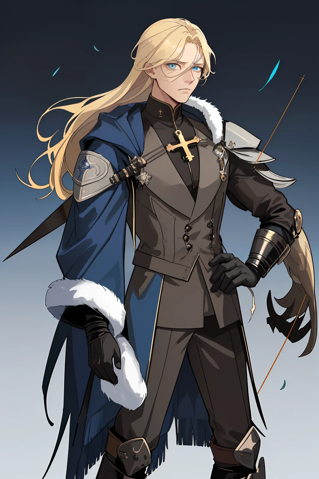 A man with a light skin tone and long blonde hair, Falling on the shoulders. He has a bionic right eye with blue lenses. Dressed in a fur-lined fur coat, Suitable for cold weather, as well as a dark blue cloak with a white leaf-shaped symbol on the left shoulder and a cross on the back. Leather archery gloves, And his owl drone rests on his left forearm. His bow is slung over his back in an easily accessible place. His boots take on the appearance of an owl. His quiver of percussion darts is located on the side of his right thigh, And a hunting knife is tied to the left shin. The man has a serious expression on his face. beatiful face, pretty eyes. A detailed eye