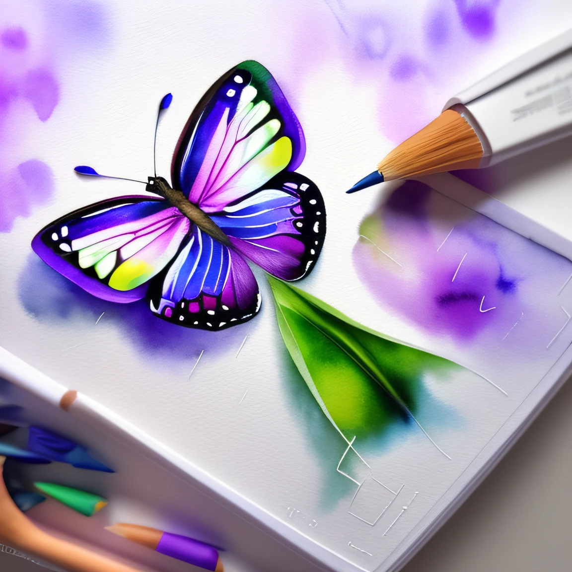 There is a purple and green butterfly, realistic illustration, Designer arte aquarela, Arte digital alucinante, bela arte digital, bela arte digital, arte digital muito bonita, ultra realistic illustration, beautiful artwork, ultrarealistic illustration, arte realista, artistic drawing, obras de arte impressionantes, fabulous illustrations, Epic watercolor illustrations, hyperrealistic illustration
