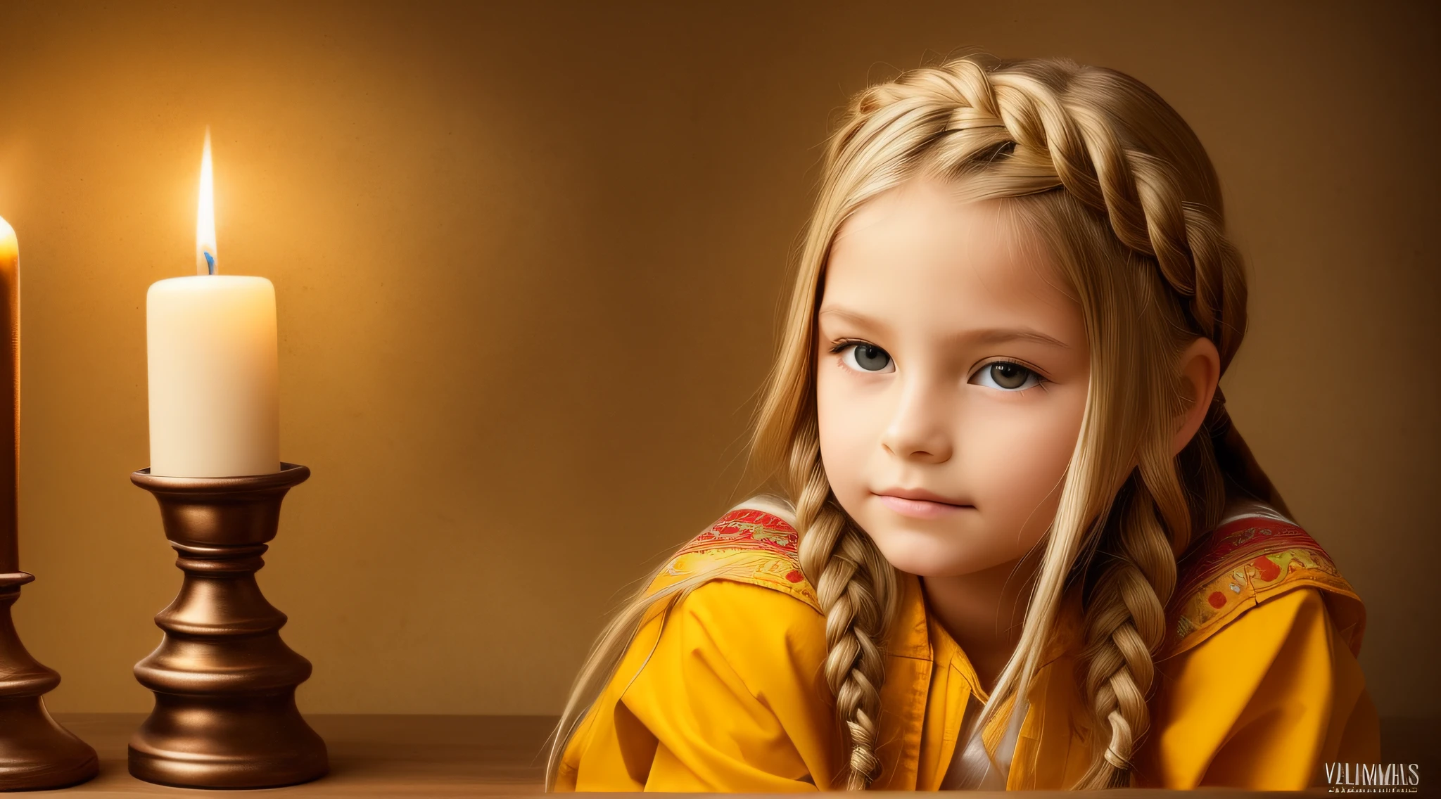 girl CHILD , Russian blonde in braids, JAQUETA DE COURO AMARELA, VELAS VERMELHAS ACESAS.