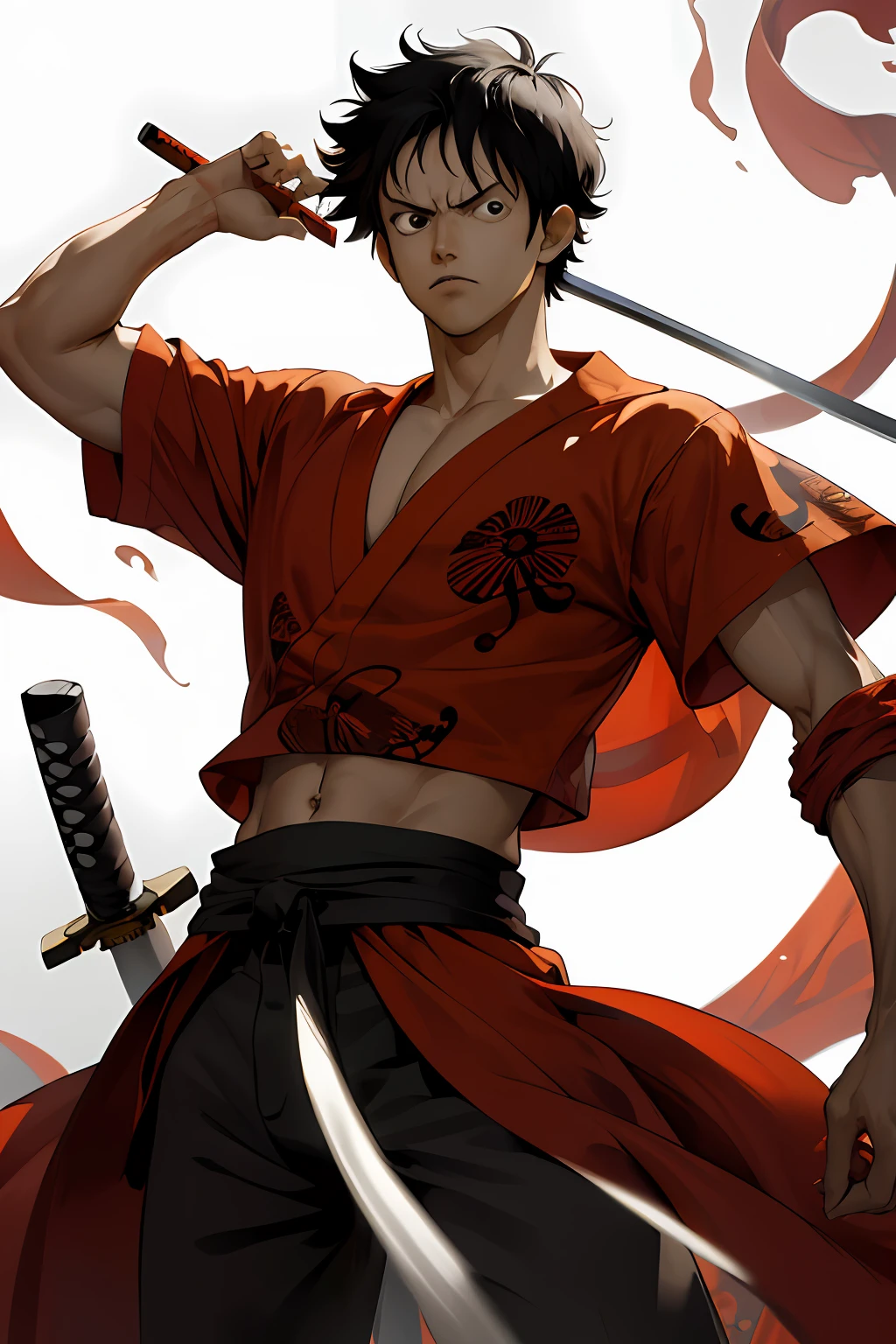 (absurdos, highres, ultra detalhados),Monkey D. Luffy (One Piece) detalhados e rosto detalhado, extremamente detalhado CG unidade 8k papel de parede, detalhes intrincados, (estilo-swirlmagic:1.0), olhando para o espectador, solo, parte superior do corpo, fundo detalhado, close-up, rosto detalhado, (tema samurai das trevas:1.1), dinamic pose, earth themed clothes,