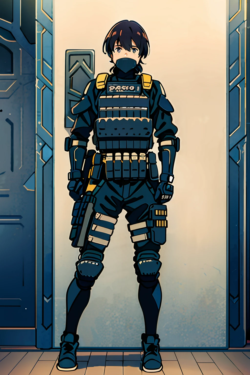solo, young man in a vest standing, riot shields, shield, a bulletproof vest, dressed in black tactical armor, full-body armor, black body armor, full body armor, tactical armor, bulletproof vest, wearing tactical gear, shield, bullet proof vest, closeup photo, special forces security, intimidating full body armor, post-apocalyptic, holding riot shield, burning buildings, dark hair, anime male