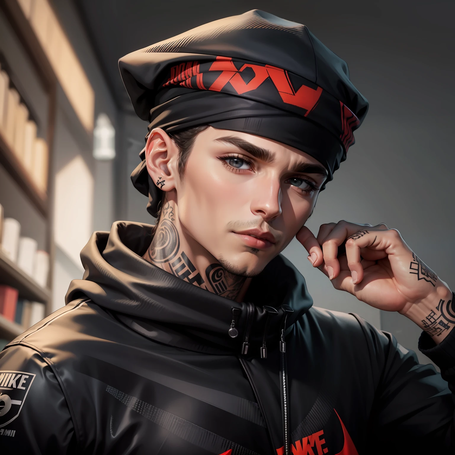 Homem com bandana, cabelo curto preto,com moletom vermelho e preto da Nike, brincos, olhando para espectador, olhos castanhos, neck tattoo,