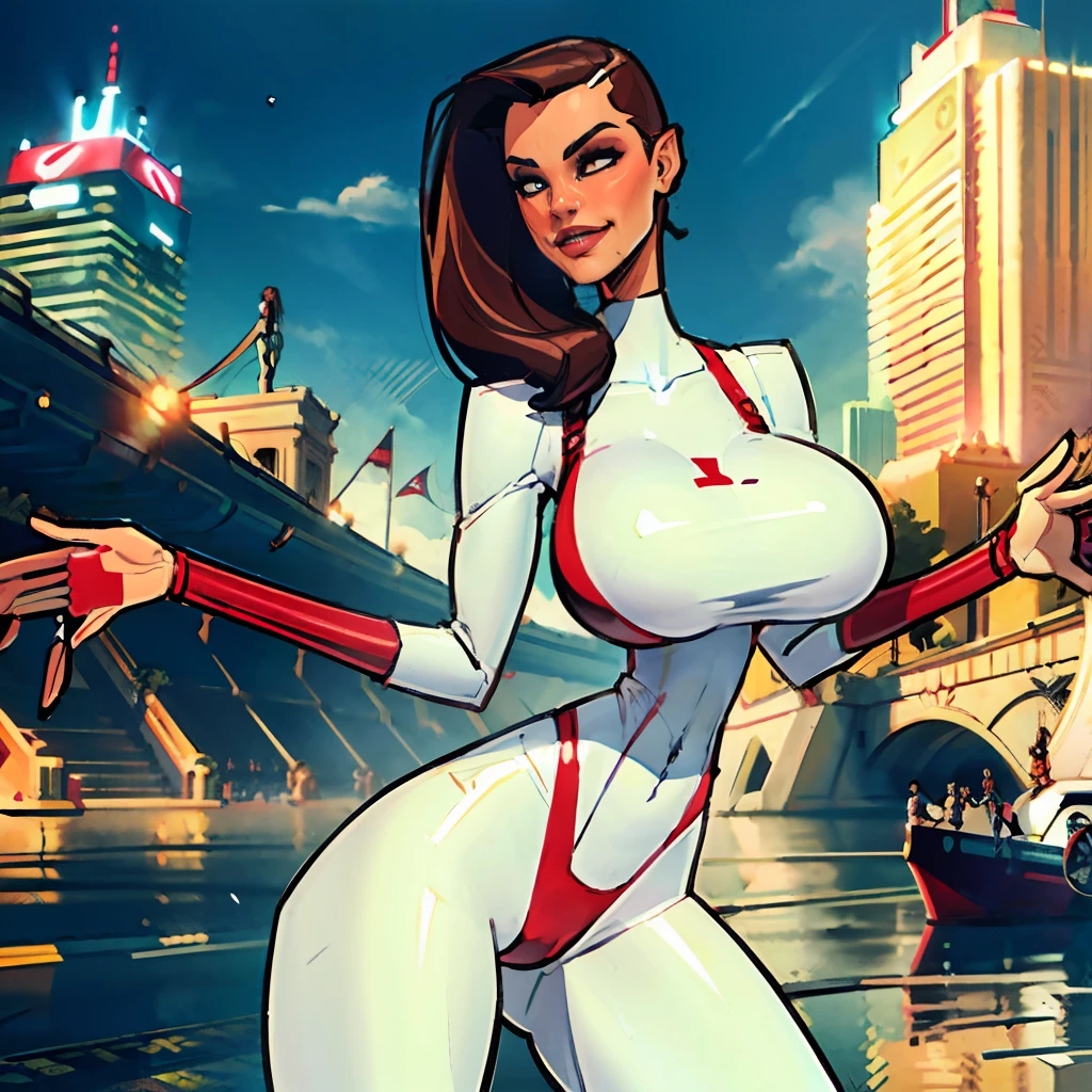 1girl, Stretcher the busty brunette comic book woman, masterpiece, beautiful, high quality, high definition, superb quality, highly detailed, super detailed, elongated arm, extended arm, stretched-out arm, reaching toward camera, depth, happy, smiling, (((100-meter-long rubber hose arms))), long hair, huge ponytail, slim, thin, athletic, womanly, rubbery, elastic woman, (white and red spandex, white and red legs, tight top), rubber body, brunette, ((huge breasts, slim waist)), city, heroic, cheerful, (bold nose, hawkish facial features),
