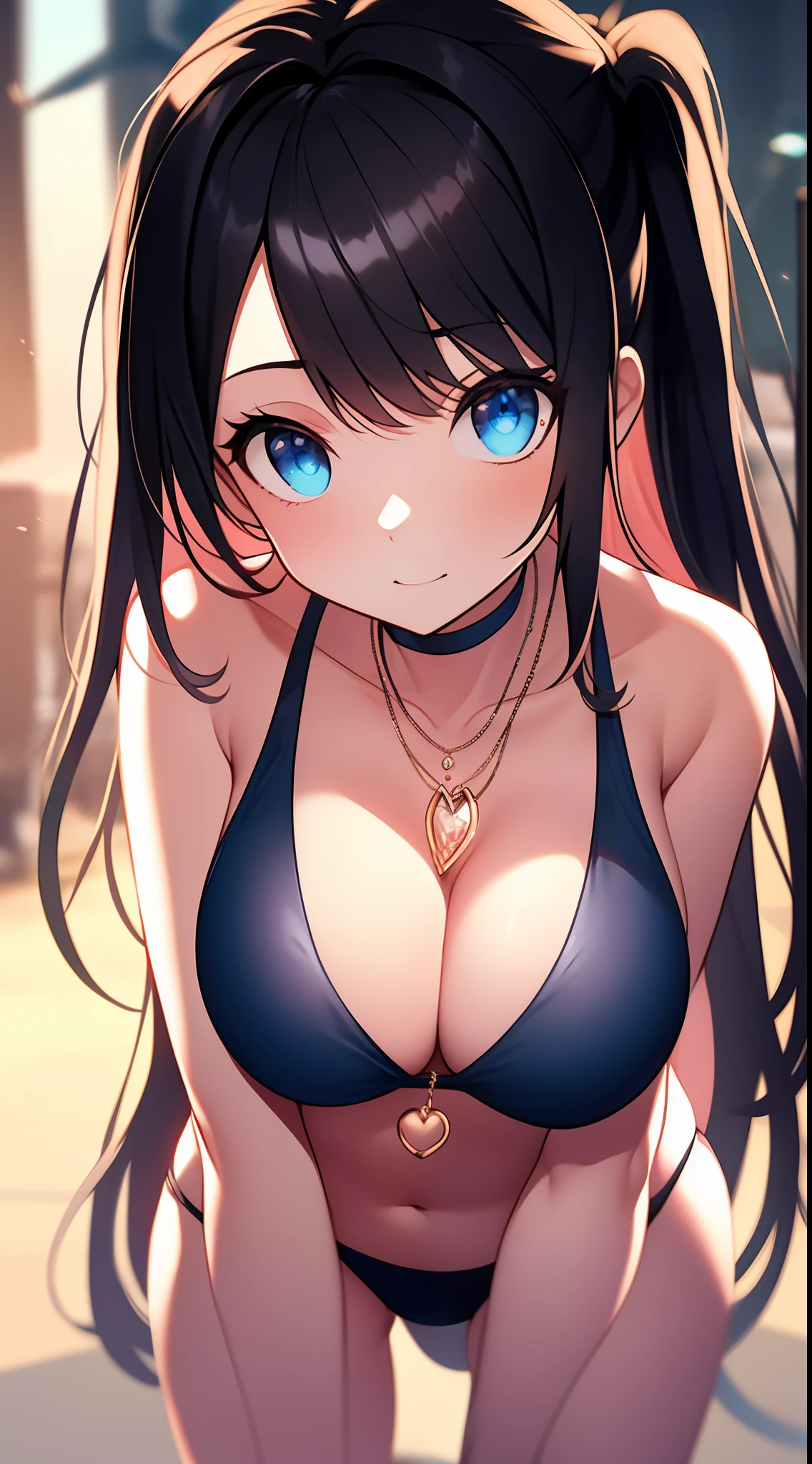 A masterpiece drawn with transcendent technology、1girl in、The bikini、Big sickle、a necklace,all-fours、Kamimei、Staring at me、Cute anime illustration、