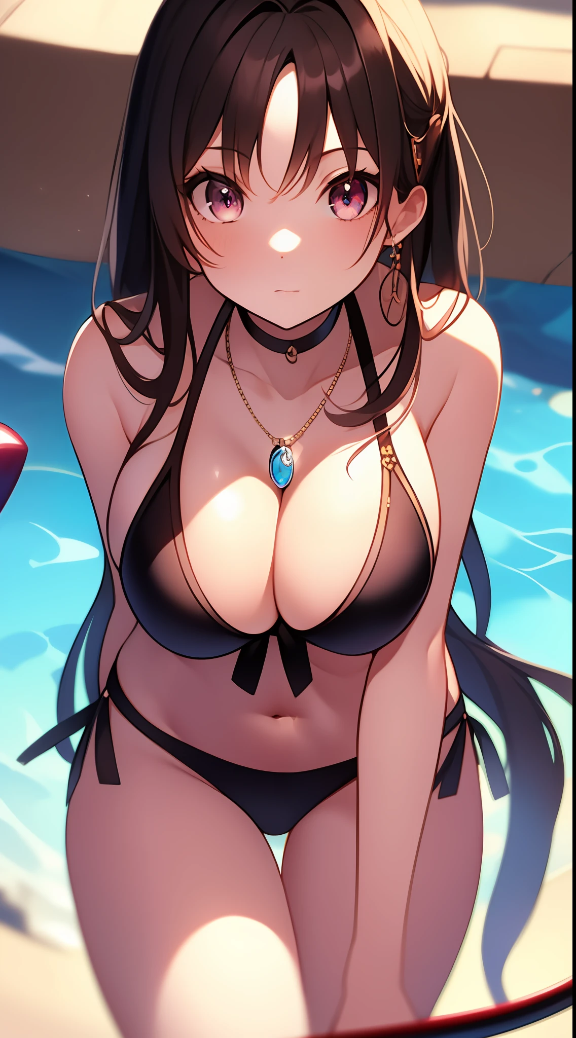 A masterpiece drawn with transcendent technology、1girl in、The bikini、Big sickle、a necklace,all-fours、Kamimei、Staring at me、Cute anime illustration、