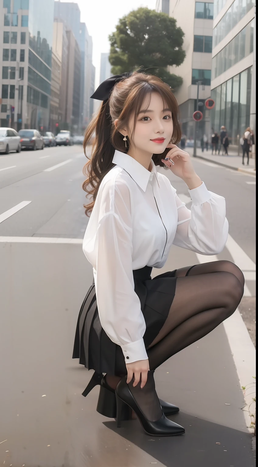 （One student 1.5），（true to life，Photorealistic 1.5）,((best qualtiy, 8K, tmasterpiece:1.3)),SLR camera (二重まぶた，largeeyes:1.3),（smile1.5），（Full body photo 1.5）（One person 1.5）Clear focus 1.2, Perfect body beauty:1.4 , Delicate skin1.1，（Brown ponytail 1.6），（Wavy curls 1.4），（Pure desire 1.3）(Black pantyhose 1.5)（The leg length is one meter two，1.5），White shirt，Bow knot，Pleated skirt legs slim，high-heels，With earrings，bangle，flower  sea