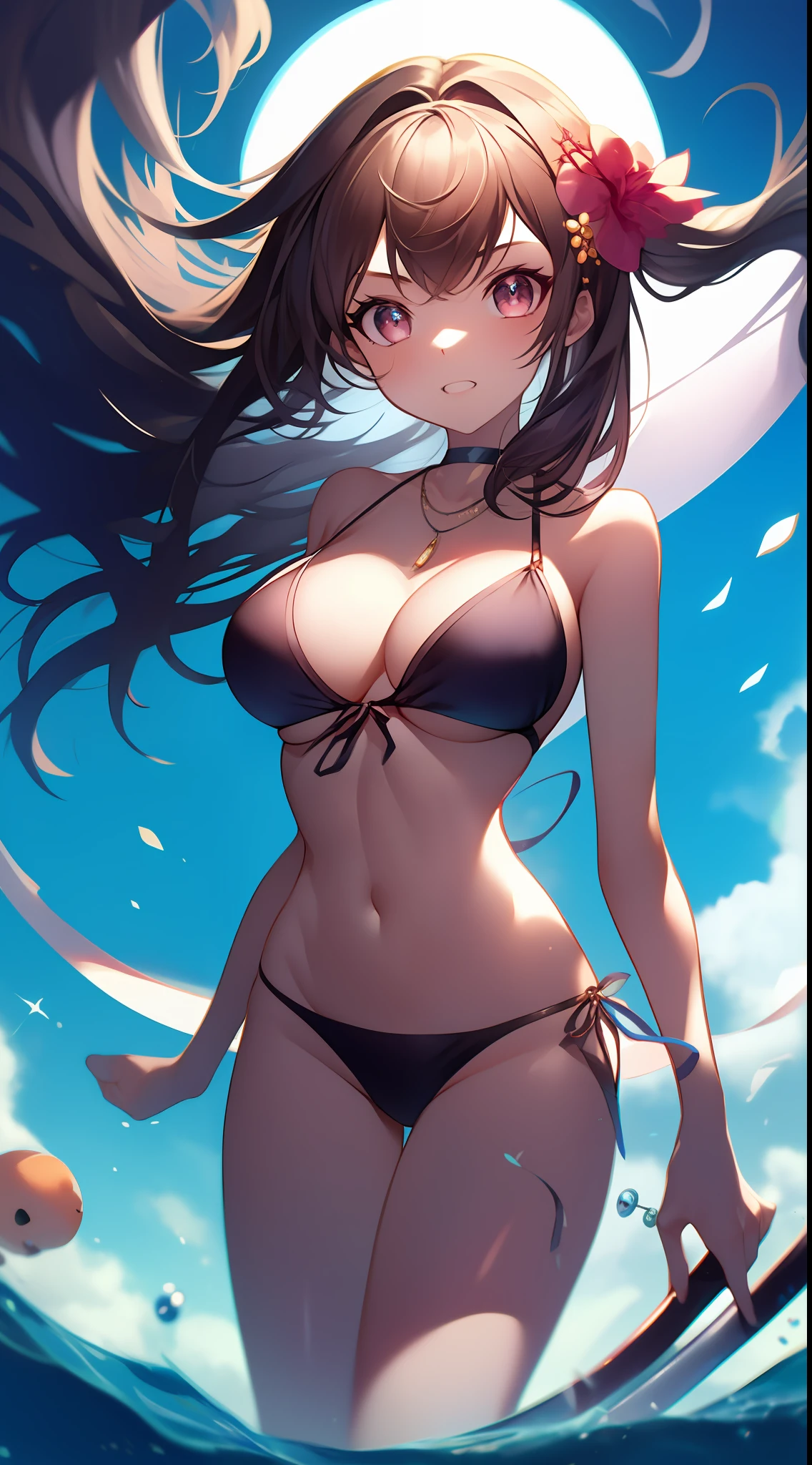 A masterpiece drawn with transcendent technology、1girl in、The bikini、Big sickle、a necklace,all-fours、Kamimei、Staring at me、Cute anime illustration、