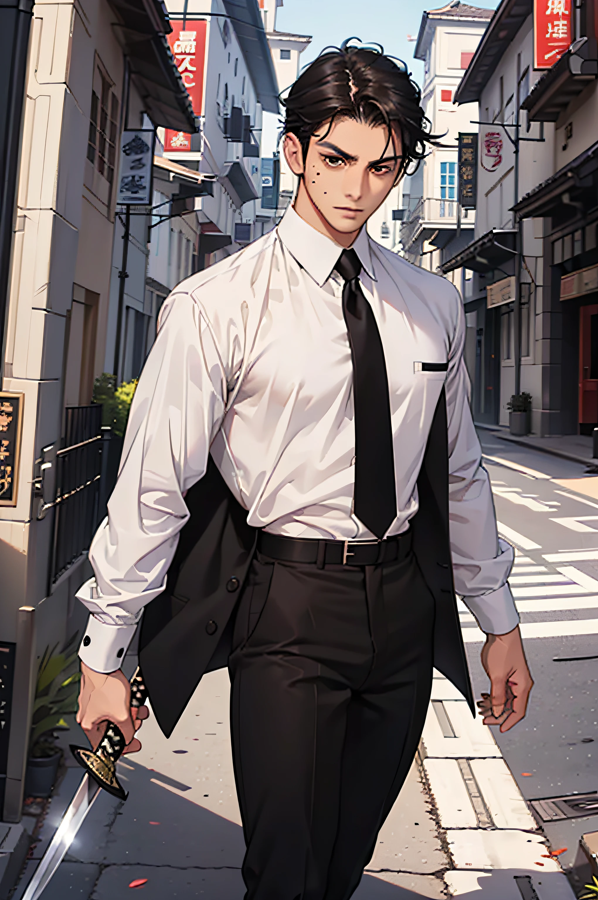 (masterpiece), best quality, expressive eyes, perfect face ***ungman, latin, skinny, very toned, medium length black hair, deep brown eyes, mole near the left eye on the temple, mole near the upper right lip, black suit, black pants, white shirt, black tie, black boots, black katana in his waist