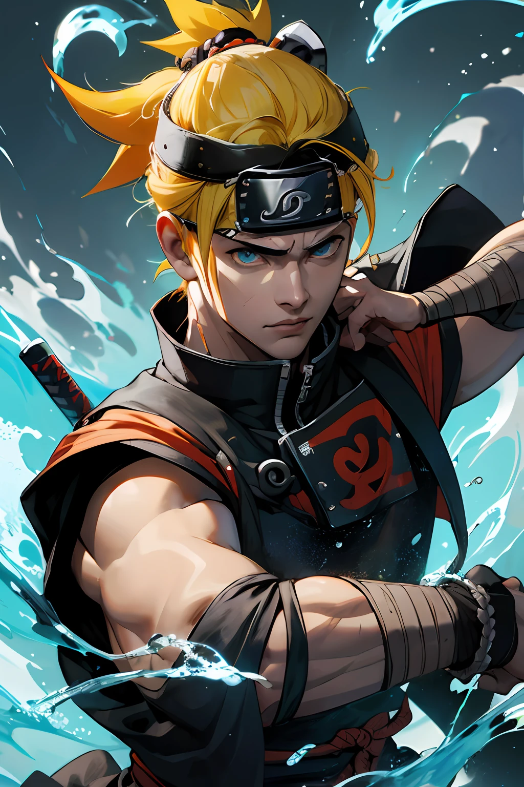 (absurdos, highres, ultra detalhados), Naruto uzumaki detalhados e rosto detalhado, extremamente detalhado CG unidade 8k papel de parede, detalhes intrincados, (estilo-swirlmagic:1.0), olhando para o espectador, solo, parte superior do corpo, fundo detalhado, close-up, rosto detalhado, (tema samurai 1.1), dinamic pose, earth themed clothes,