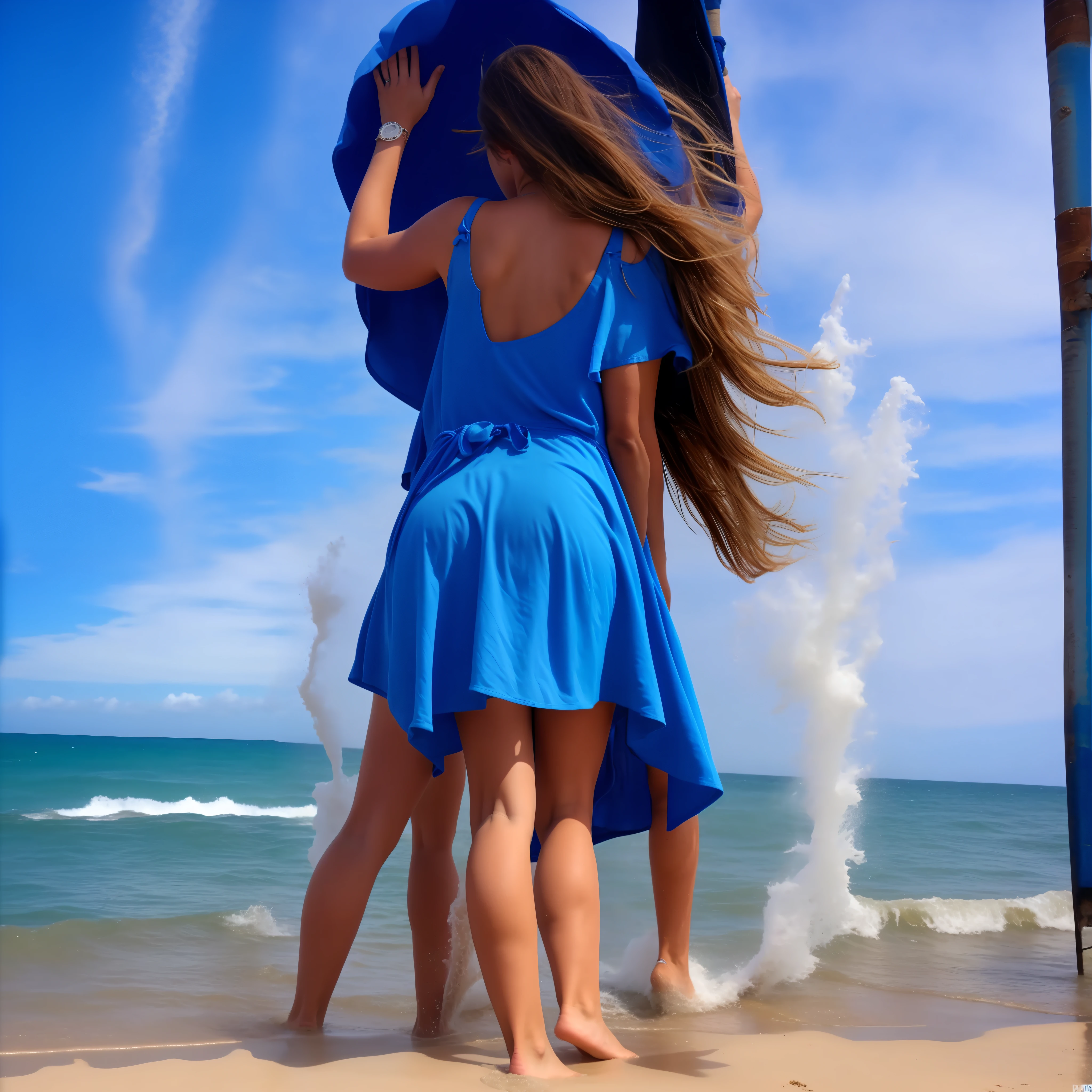 Poner chica de espaldas levantando la mano en la playa