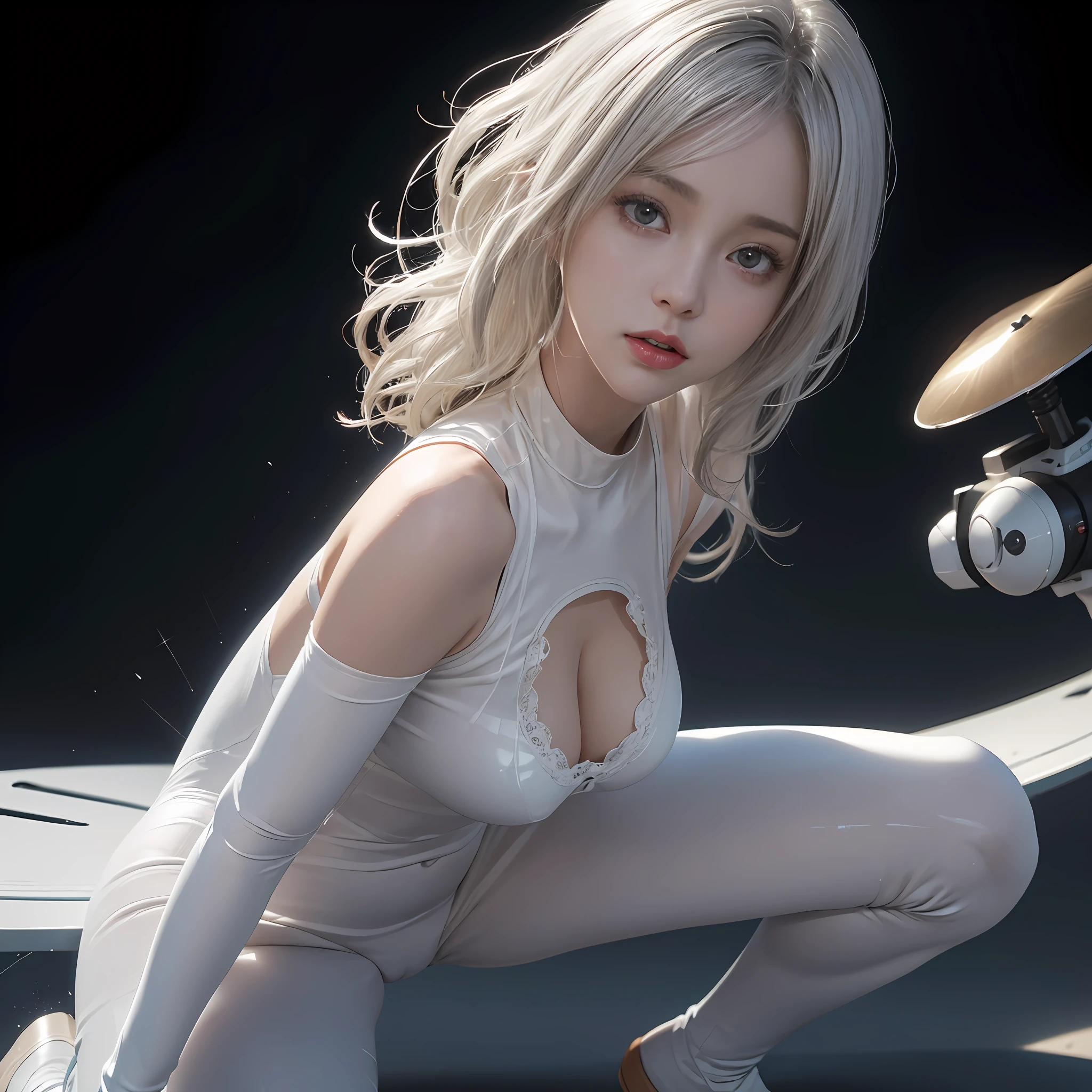 ((NSFWSTILLSHOW))、no extra arm:2、no extra hand:2、no extra leg:2、((solo 1girl))、{full length|Full height|all-fours|Half squatting|Flying|Jumpping|Ass focus、looking ahead}、{Wide Shot:1.5|Drone view|OverHeadShot|From below:1.5}、(wetted Porcelain skin、Wetted White skinny bodysuit)、Very thin and soft fabric、wetted face、{wetted hair|Floating hair|Shiny Black hair|Blonde hair|Silver hair|Short Bob|Half Up|Curly hair}、Detailed Clear Nipples、detailed crotch、(The shape of the pubic area is Clearly Visible:1.2)、ass visible through thighs:1.3、Nipple shadow、(masterpiece, Best quality)、(Photorealsitic:1.37)、(BokeH)、smooth shading、({childish|Gigantic、cleavage})、((((detailed beautiful face))))、Darkbackground、neons、zydG、high collar、elbow_gloves、Google Earth、spaceships、{mechanical|fantasy|fururistic|dreamlike|creative refinement|vivid illumination}、