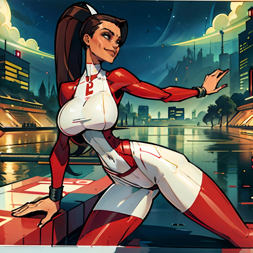 1girl, Stretcher the busty brunette comic book woman, masterpiece, beautiful, high quality, high definition, superb quality, highly detailed, super detailed, elongated arm, extended arm, stretched-out arm, reaching toward camera, depth, happy, smiling, (((100-meter-long rubber hose arms))), long hair, huge ponytail, slim, thin, athletic, womanly, rubbery, elastic woman, (white and red spandex, white and red legs, tight top), rubber body, brunette, ((huge breasts, slim waist)), city, heroic, cheerful, (bold nose, hawkish facial features),