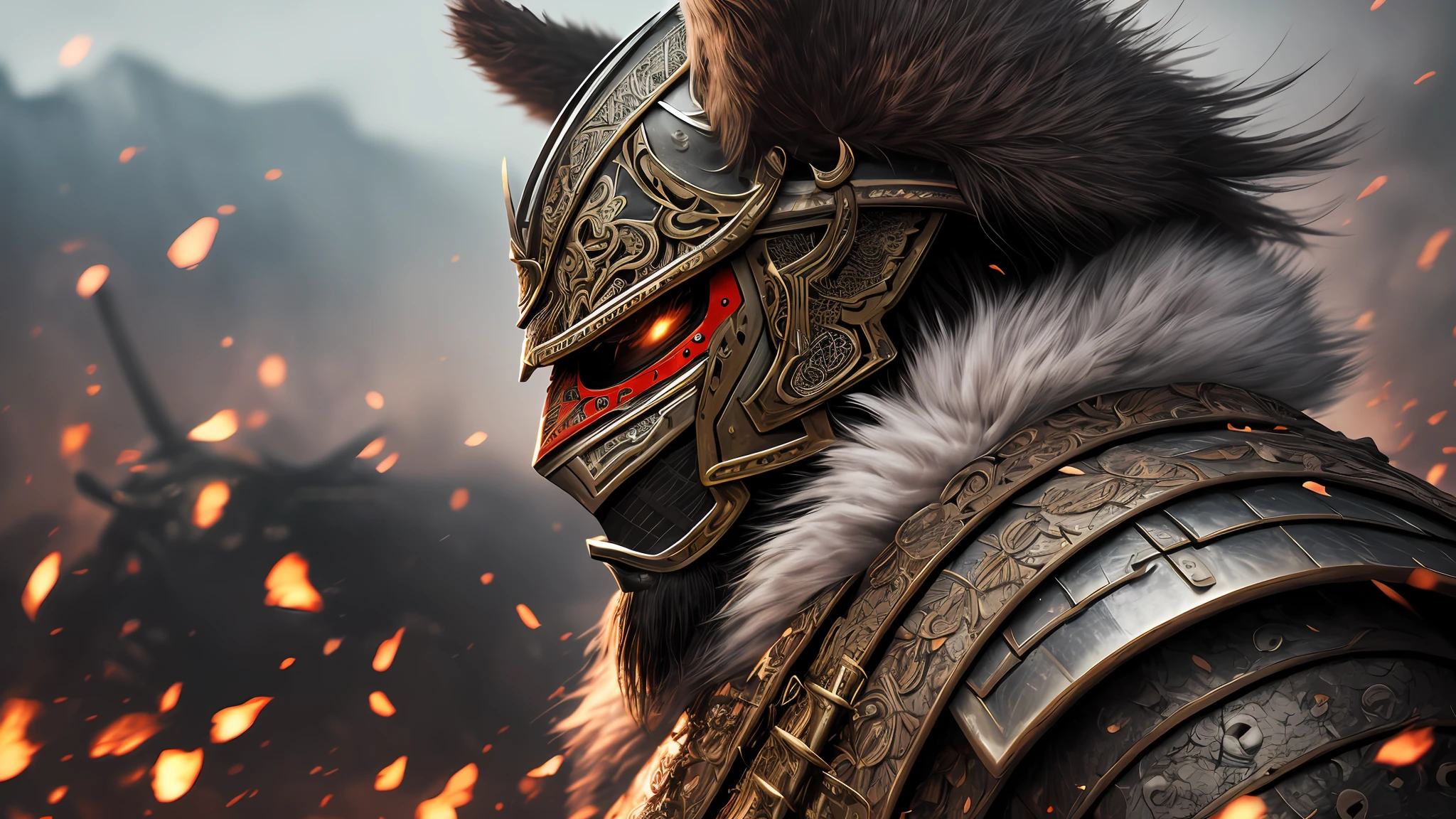 (extremely detailed 8k wallpaper), a medium shot photo of a fearful samurai warrior in full armor and oni mask, fur on shoulders, intricate, high detail, dramatic --auto --s2